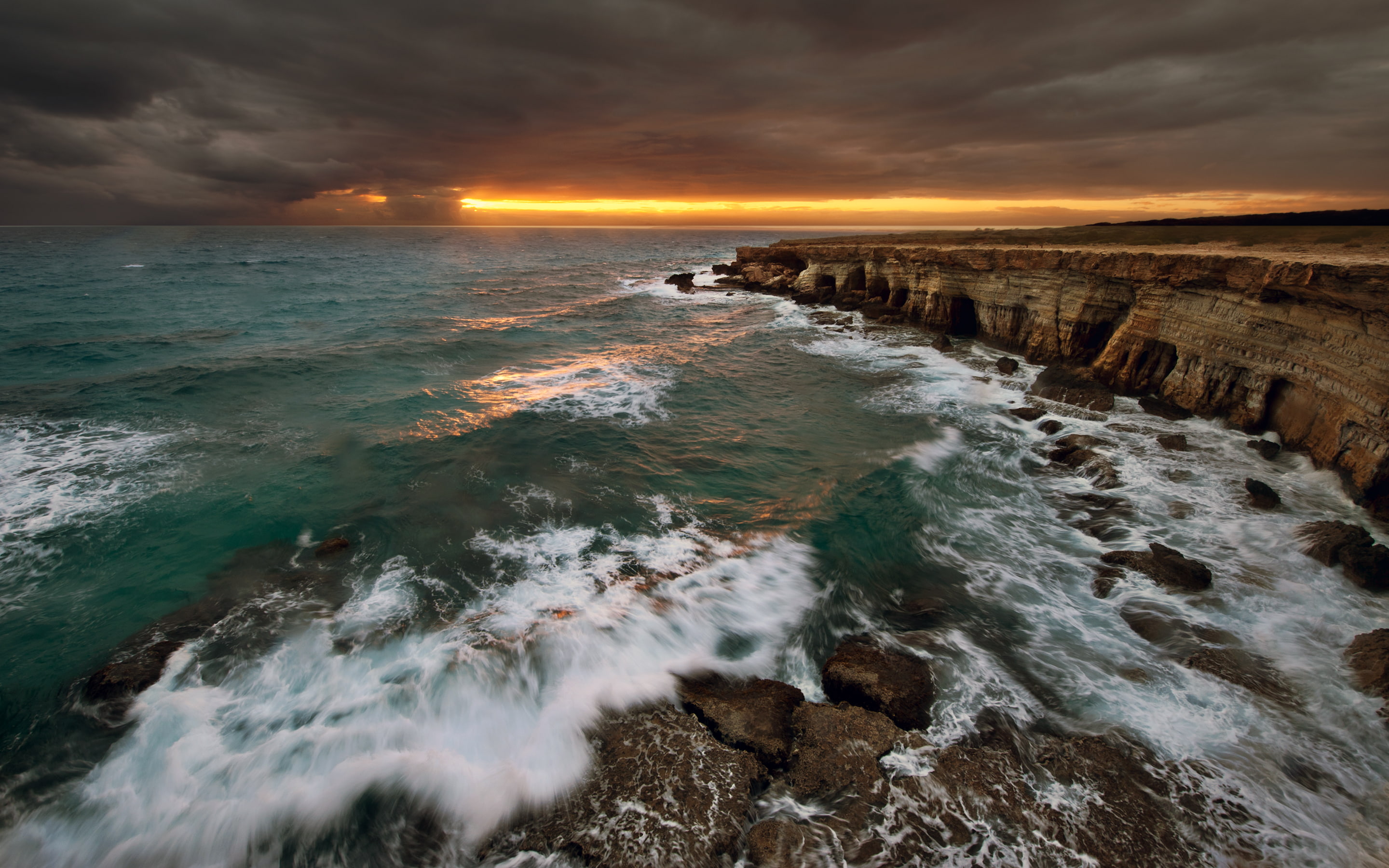 cliffs, sunset, idyllic, sea, nature, rock, scenics - nature, cyprus, nikonaf‑snikkor14‑24mmf/2.8ged, outdoors, horizon, cloud - sky, flowing water, capegreco, HD Wallpaper