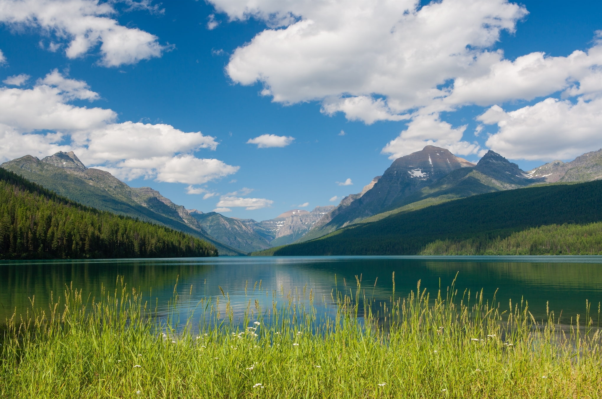 1080P, lake, Glacier National Park, clouds, Montana, mountains, Bowman Lake, HD Wallpaper