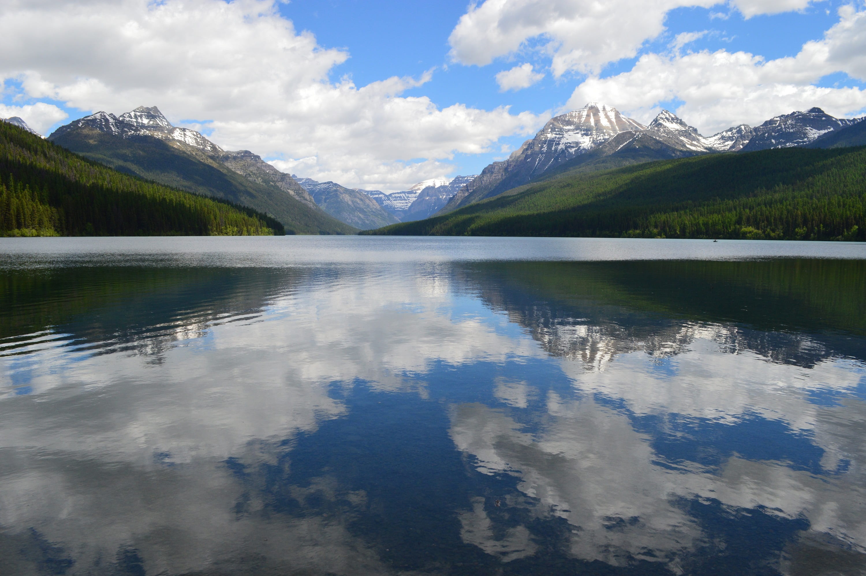 lake, mountains, landscape, glacier national park, clouds, daytime, water, sky, mountain, cloud - sky, no people, mountain range, nature, 2K, snowcapped mountain, HD Wallpaper
