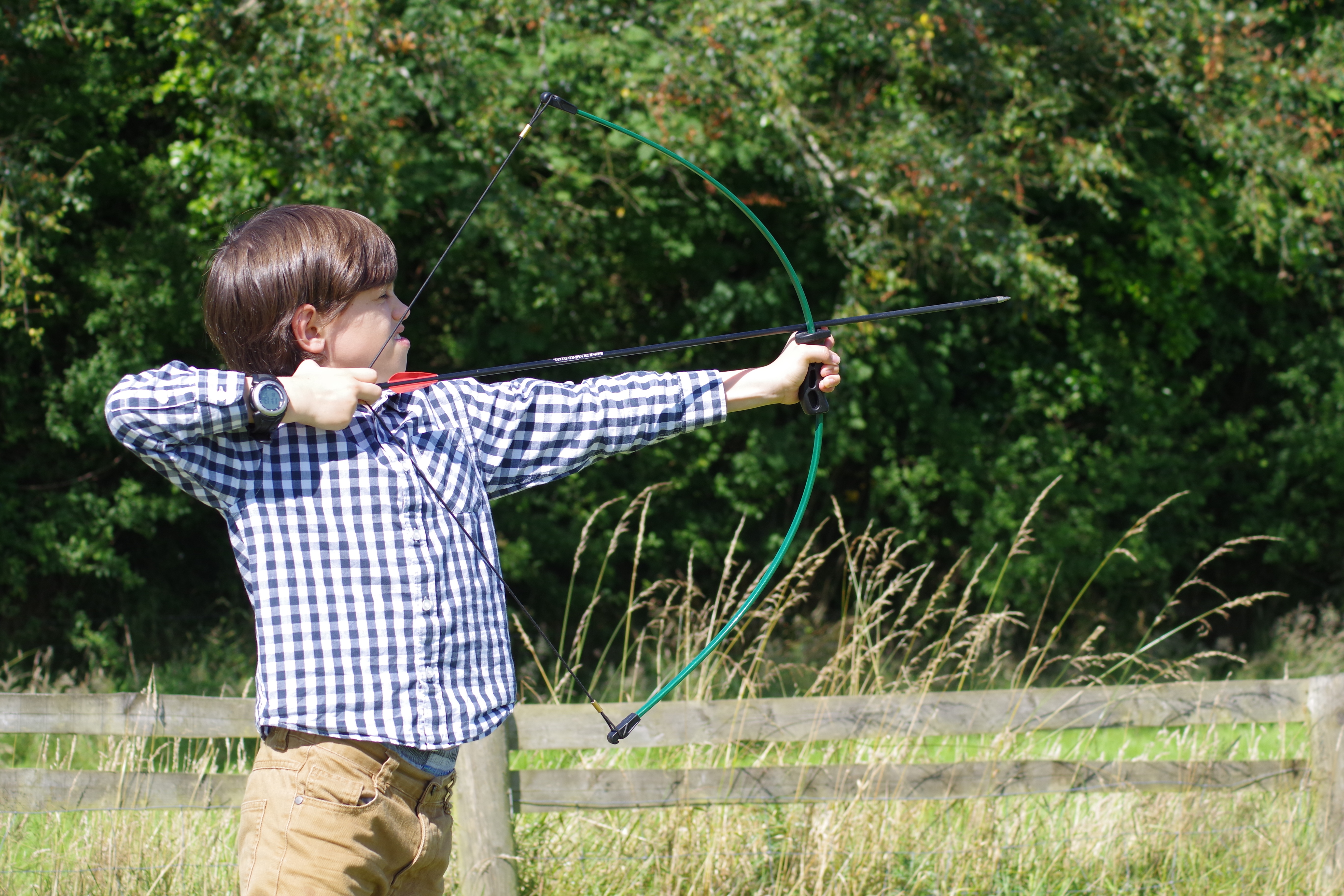 blue, outdoors, bowman, males, kid, playing, three quarter length, child, crossbow, weapon, plant, standing, nature, checked, summer, young, leisure activity, HD Wallpaper