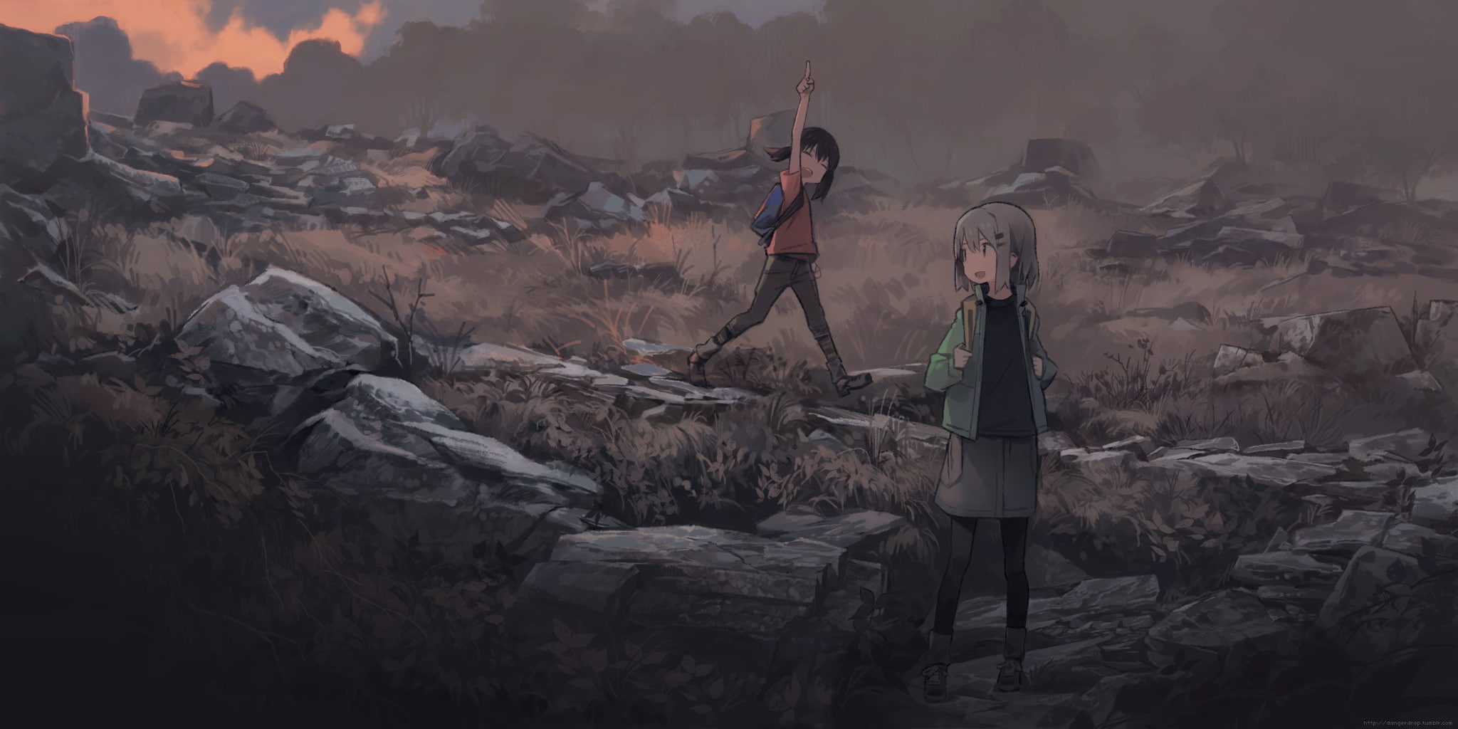 people, Anime, standing, adult, 1080P, solid, rock formation, rock - object, real people, women, yama no susume, mountain, full length, land, females, HD Wallpaper