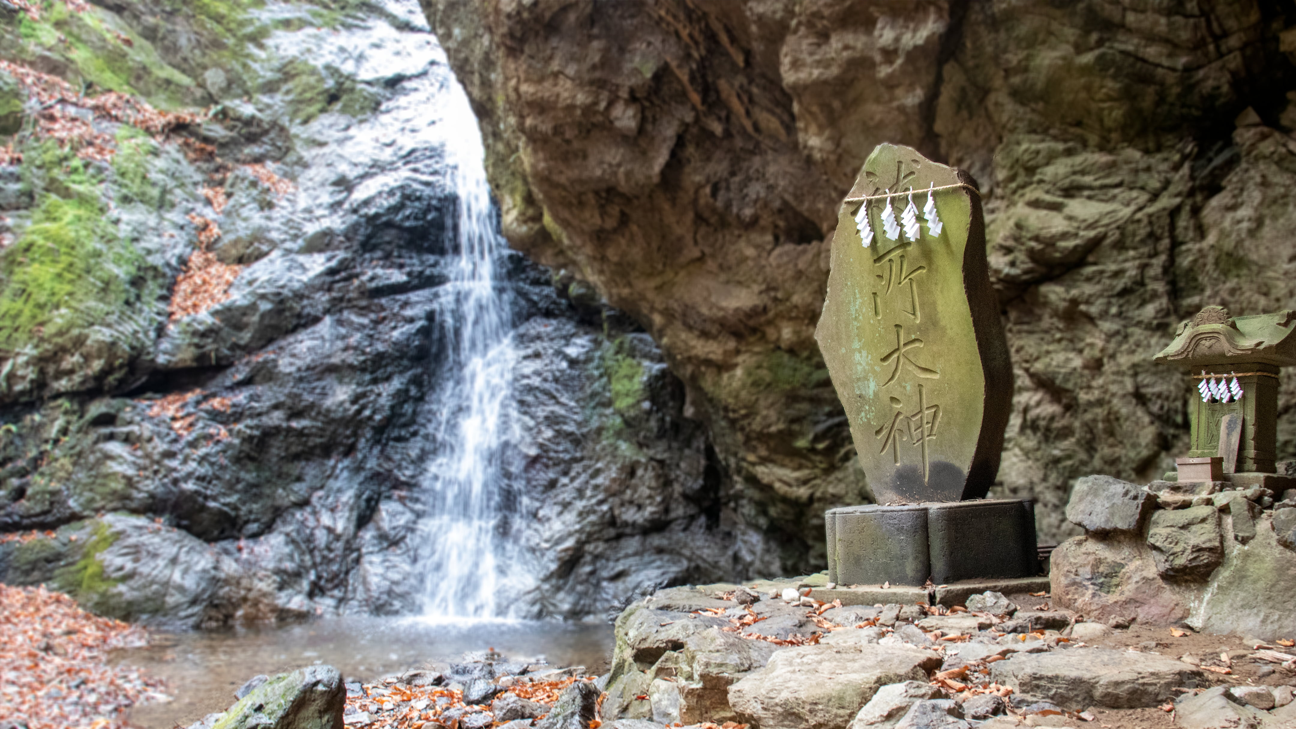 waterfall, mitake yama, shrine, Japan, cliff, 4K, rocks, mitake, rock garden, HD Wallpaper