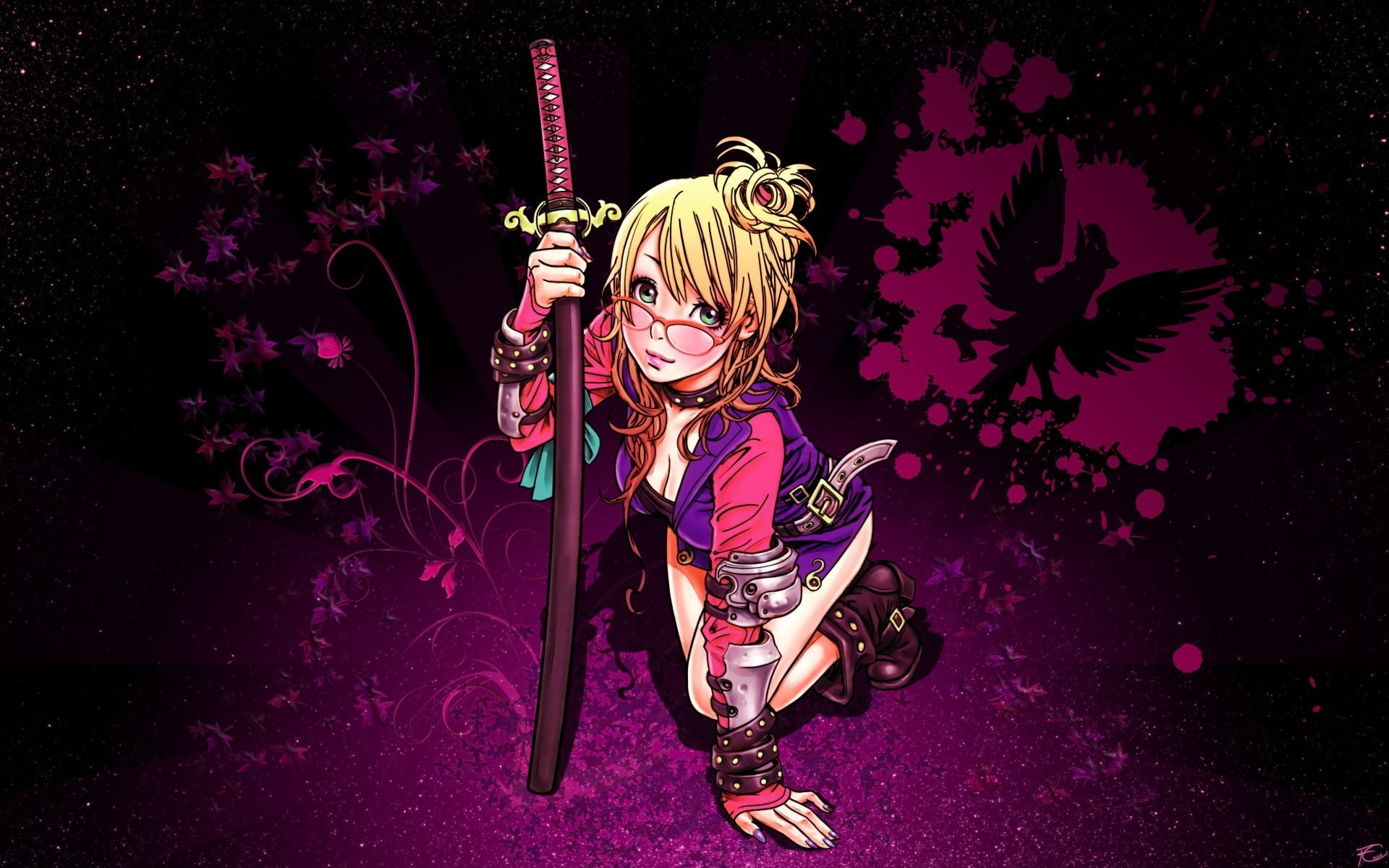 cleavage, belts, glasses, women, yama, hair, shunya, original, birds, katana, hd, animals, lips, weapons, purple, blondes, art, 1080P, long, HD Wallpaper