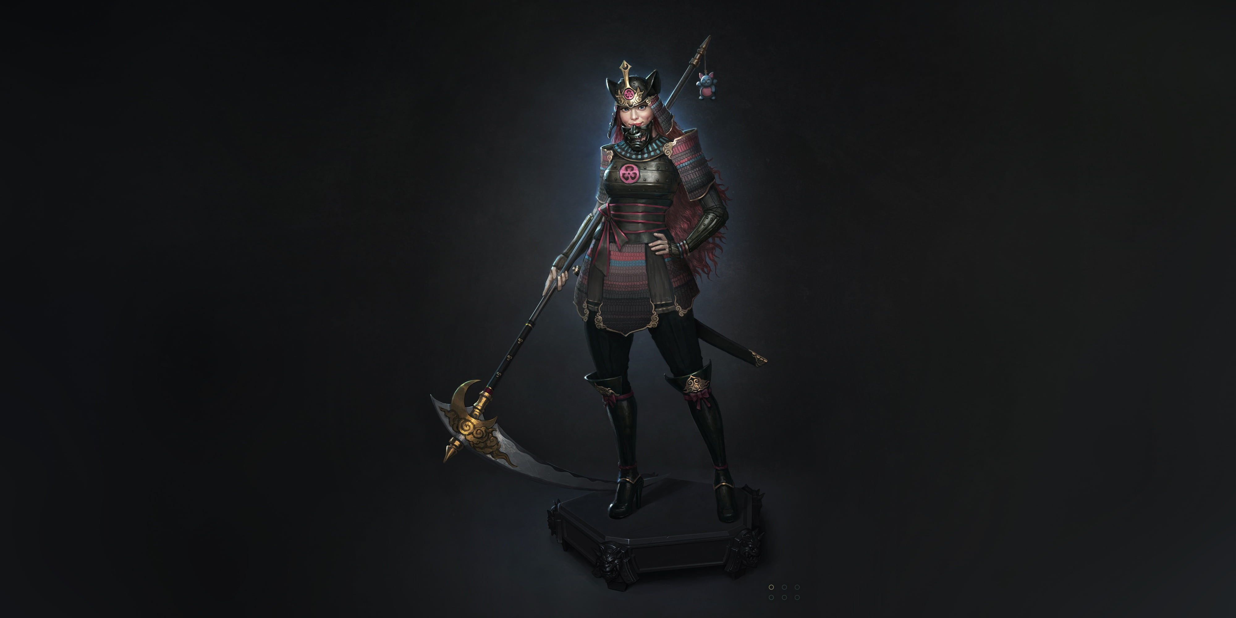 scythe, Style, warrior, Armor, Girl, Background, 4K, Art, Minimalism, Fantasy, Dan Pogrebn, Japanese warrior, HD Wallpaper