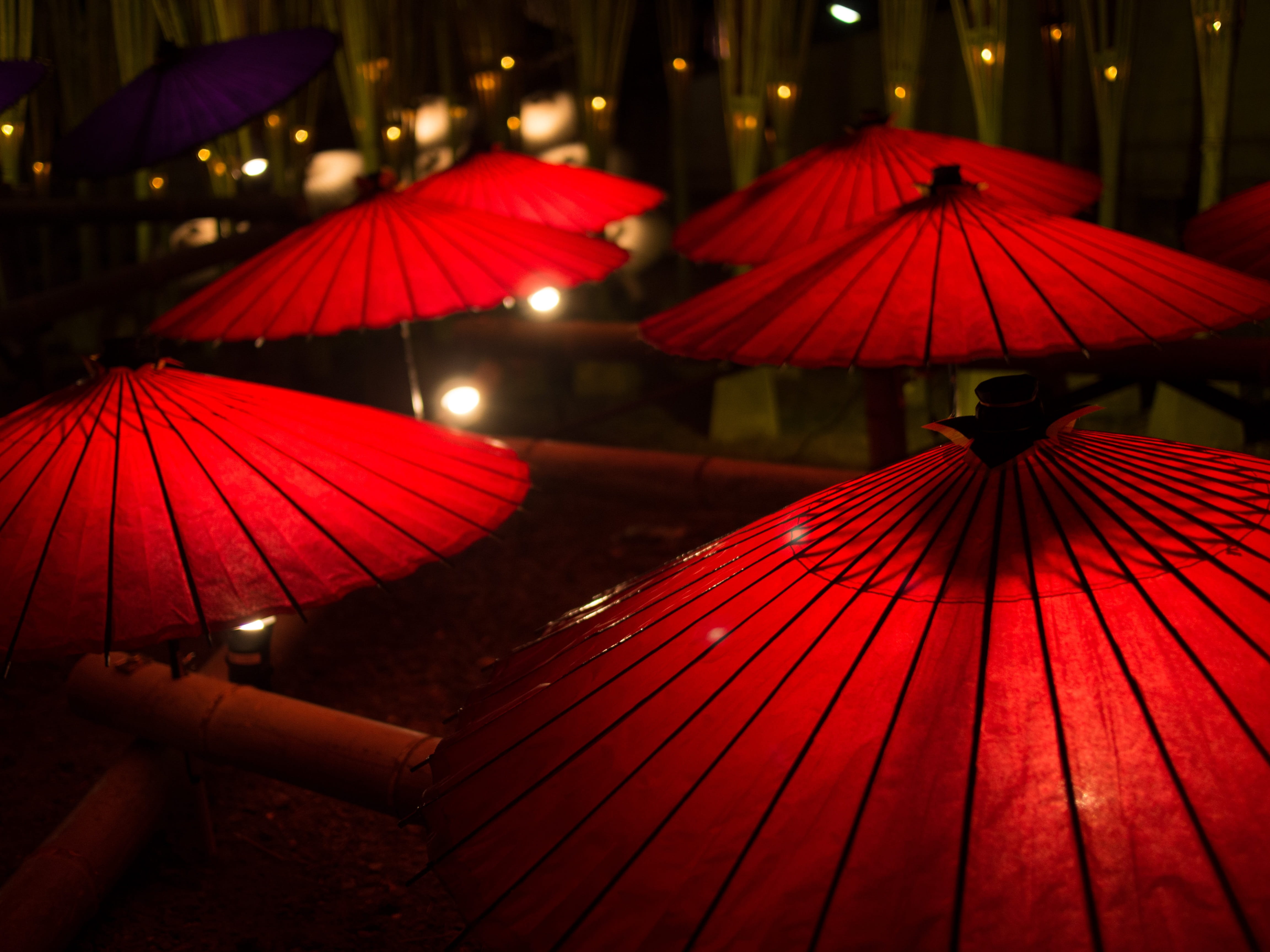 night view, yamaga city, lantern, architecture, low angle view, focus on foreground, red, security, six, illuminated, parasol, outdoors, no people, religion, HD Wallpaper