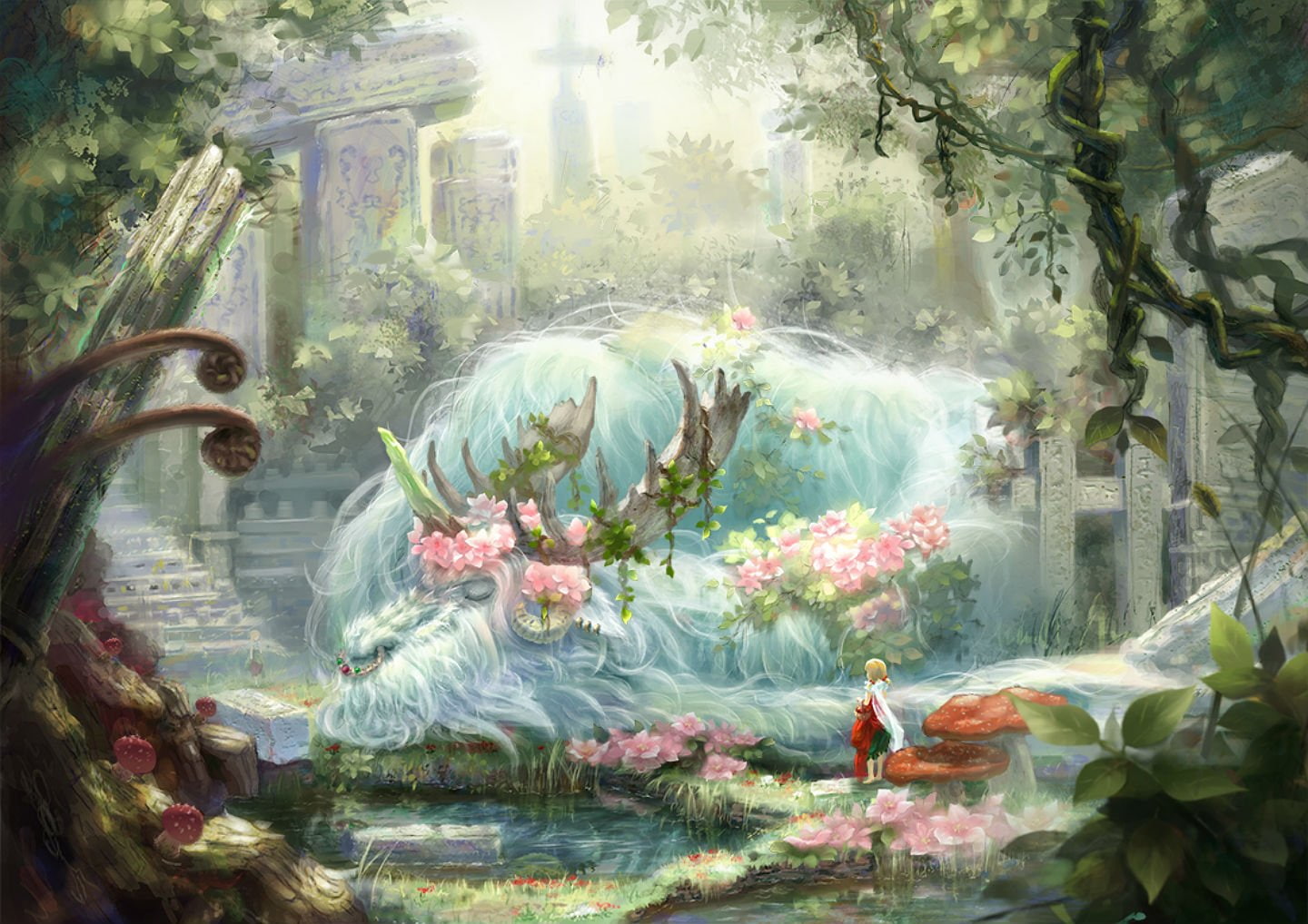 horns, tree, ruins, original, animal, miyai, 720P, haruki, flowers, forest, HD Wallpaper