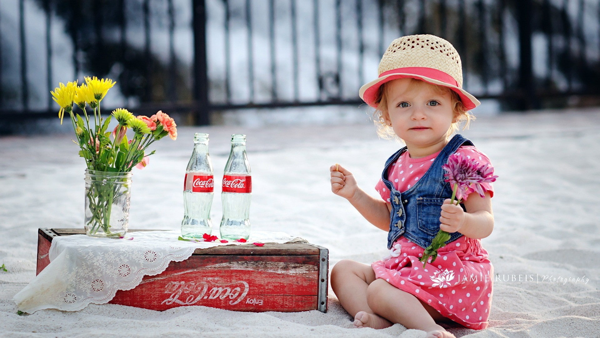outdoors, smiling, hat, innocence, one person, polka dots, sitting, 1080P, plant, girls, offspring, flower, children, jars, bottles, child, cute, clothing, HD Wallpaper