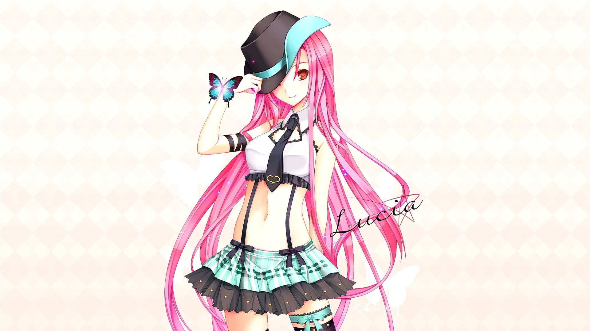 hat, smiling, thigh-highs, brown eyes, skirt, anime girls, red eyes, long hair, butterfly, Pangya!, looking at viewer, 1080P, anime, pink hair, Lucia (PangYa, HD Wallpaper