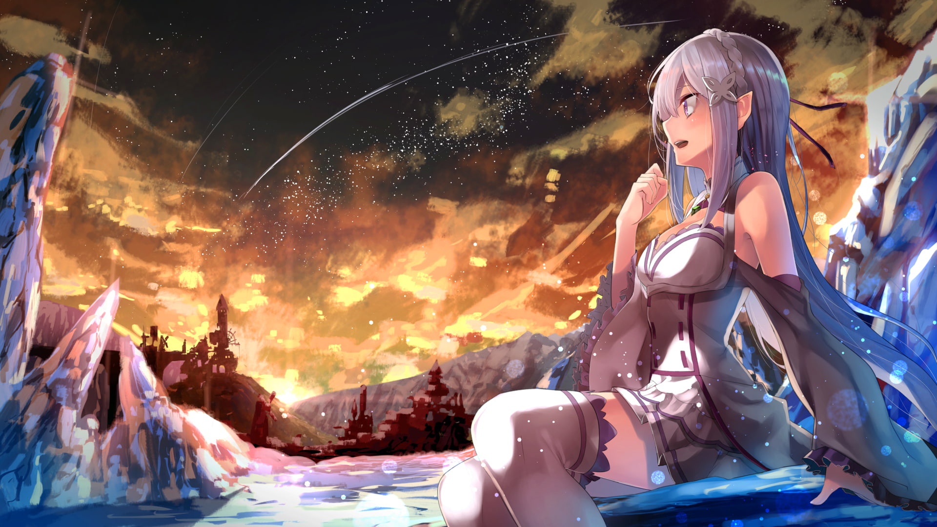 1080P, nature, Emilia, sky, anime girls, iceberg, pointed ears, anime, stockings, Re:Zero Kara Hajimeru Isekai Seikatsu, HD Wallpaper