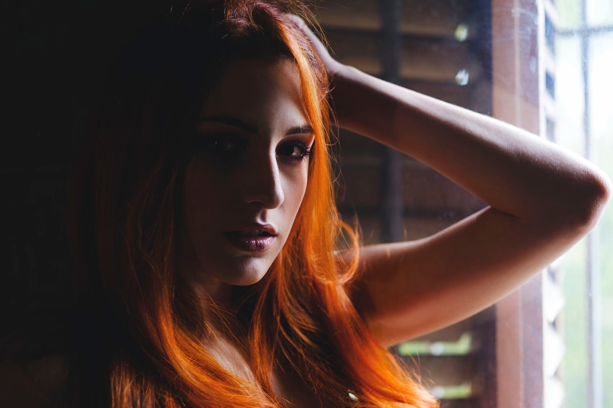 redhead, women, hands on head, face, portrait, 1080P, HD Wallpaper