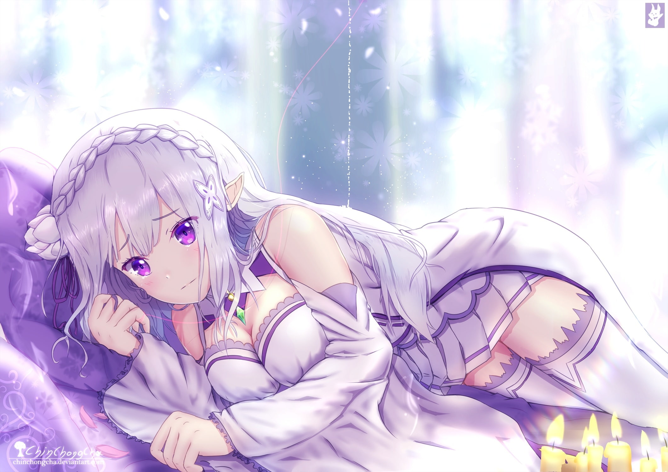 hair, ryouiki, braids, long, isekai, cleavage, 247518, breasts, emilia, 1080P, eyes, com, zettai, watermark, thighhighs, hajimeru, chinchongcha, kara, HD Wallpaper