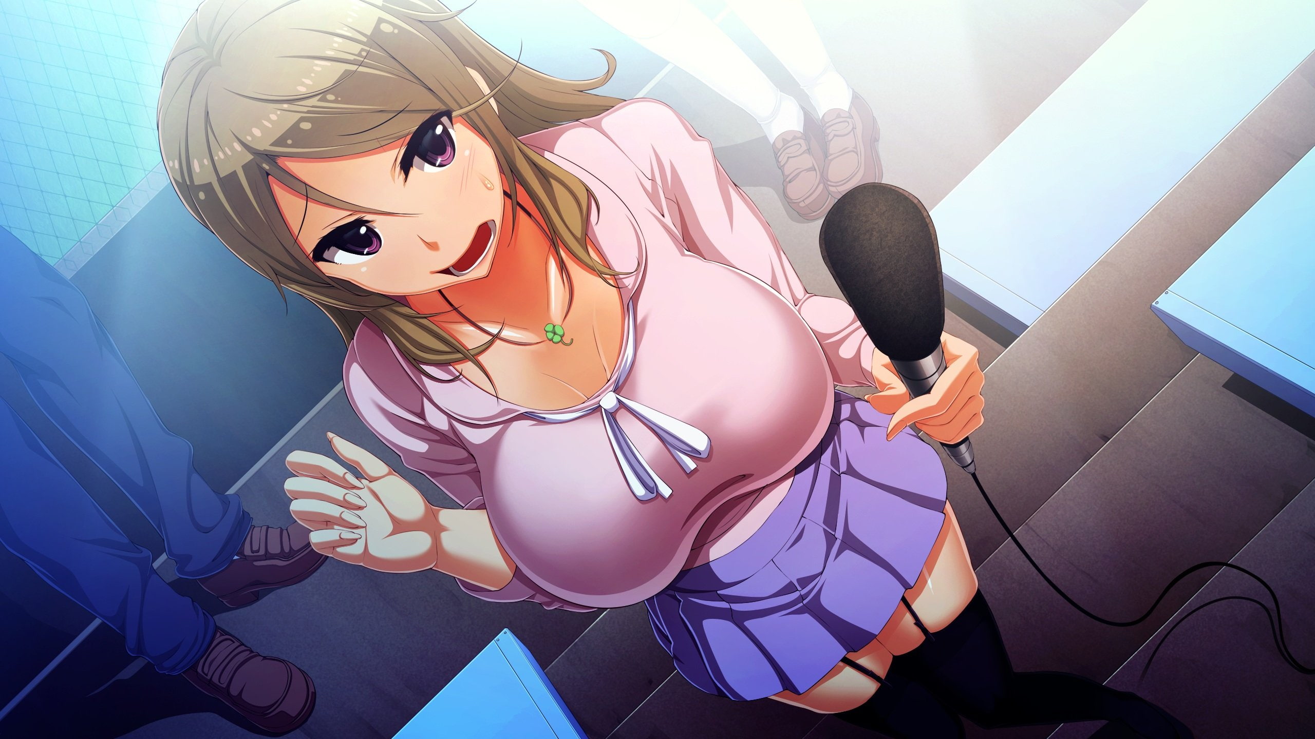 purple, thighhighs, hair, breasts, denim, skirt, waffle, tagme, ribbons, brown, (character), belt, stockings, 2K, eyes, game, long, microphone, garter, HD Wallpaper