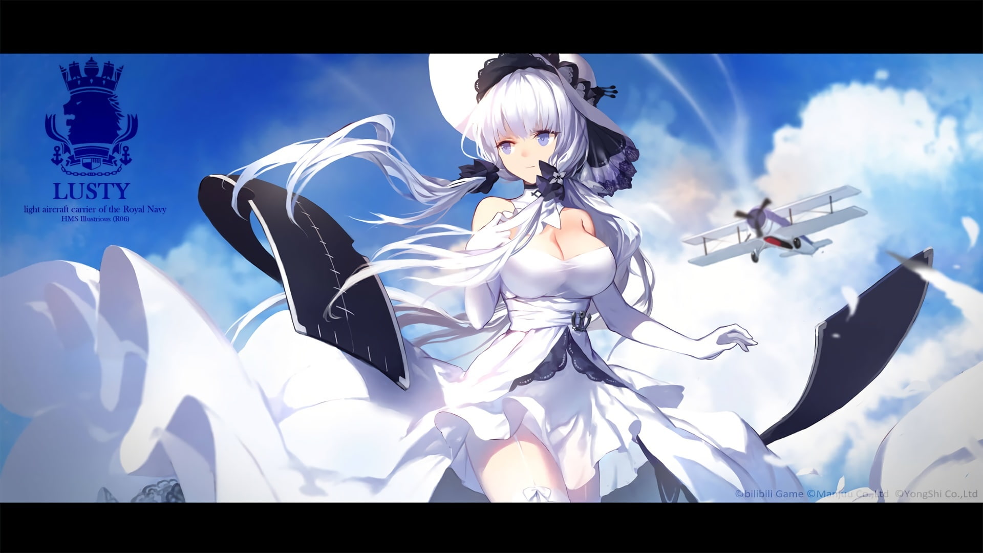 sky, watermark, swd3e2, azur, breasts, bow, 1080P, clouds, anthropomorphism, dress, hair, belt, 244026, lane, aircraft, thighhighs, gloves, white, com, HD Wallpaper