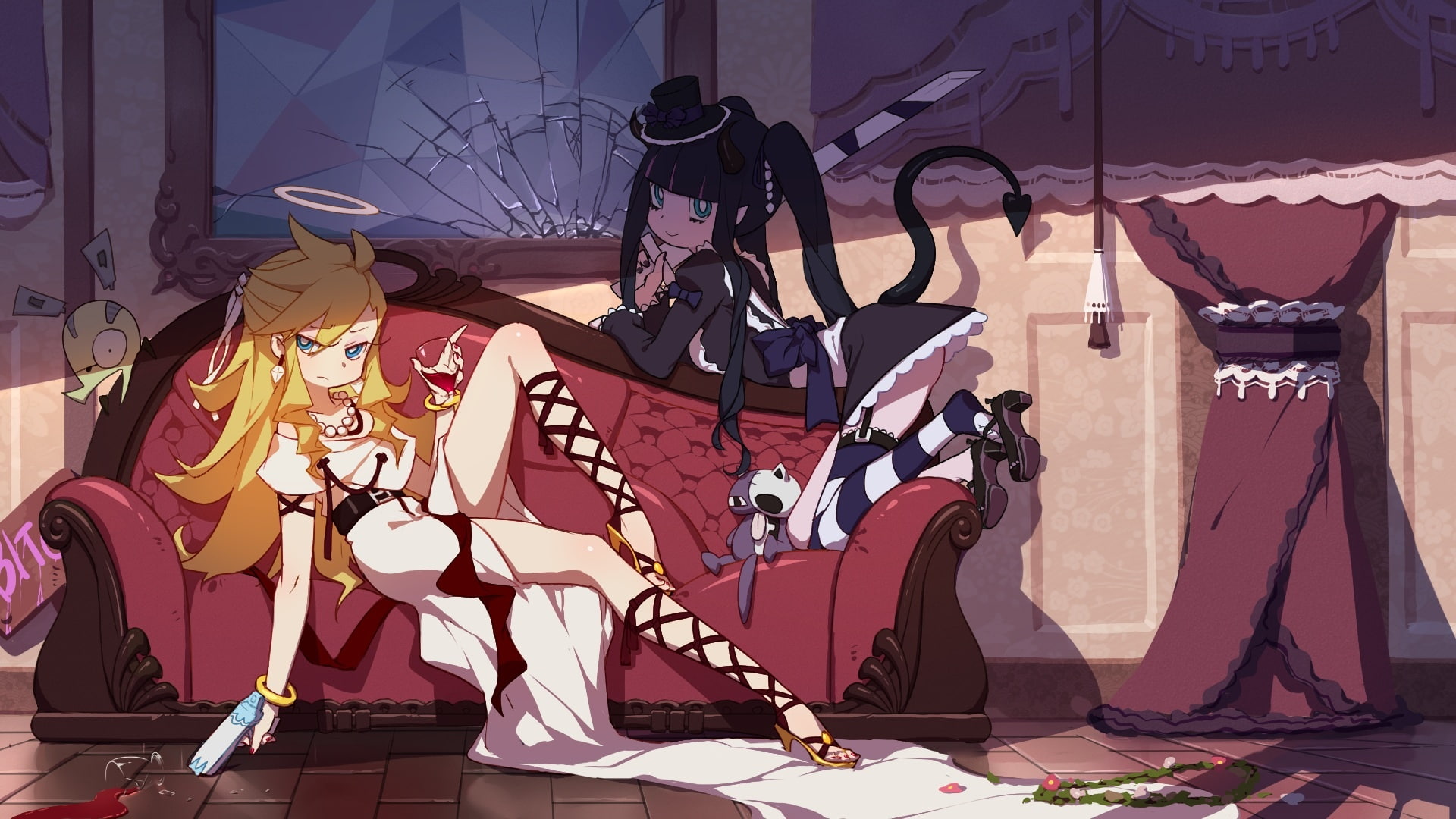 238624, blonde, com, couch, black, hair, coils, chuck, mosquito, konachan, (character), long, panty, eyes, 1080P, twintails, drink, 2girls, belt, necklace, HD Wallpaper