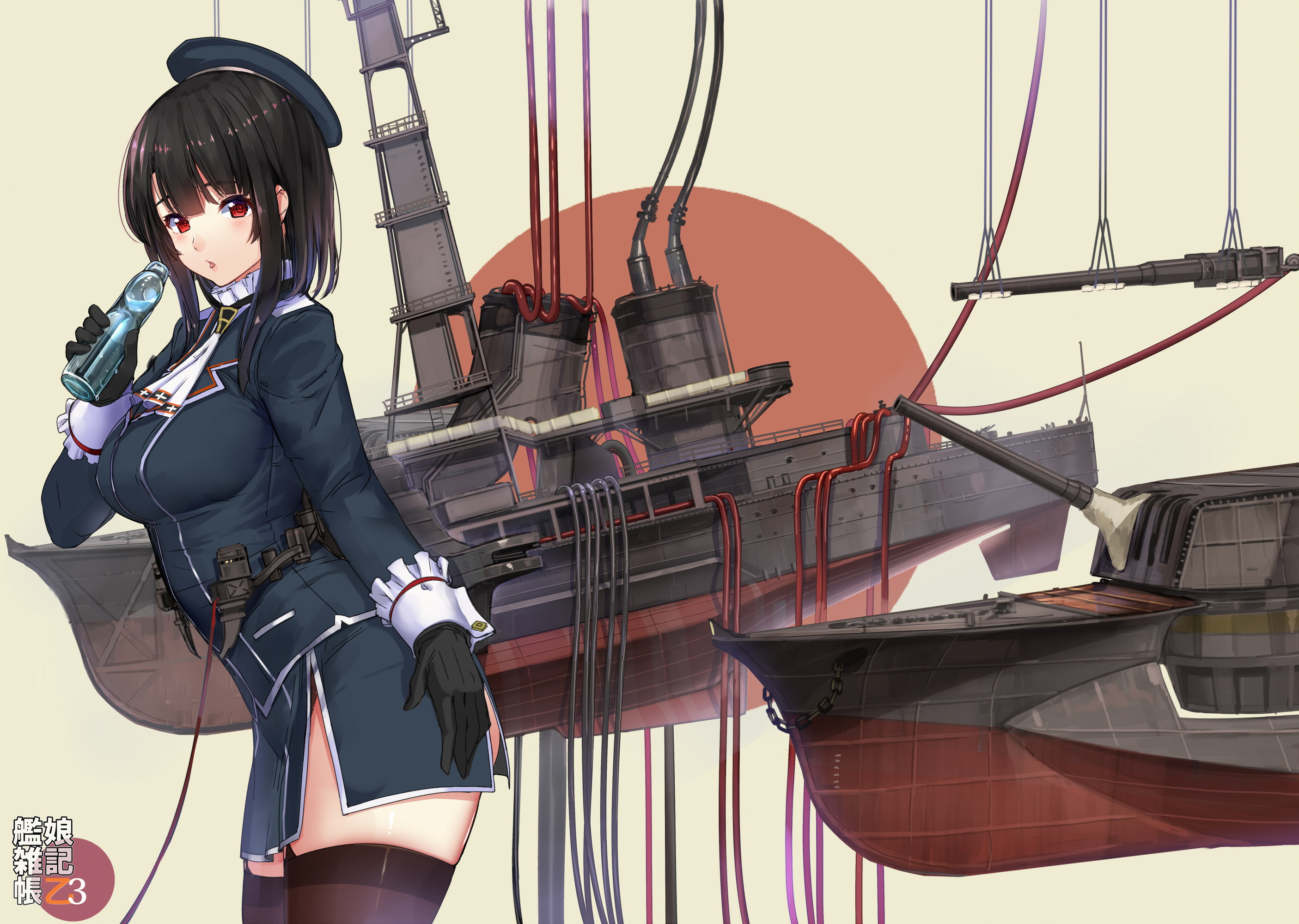 short, thighhighs, takao, hat, akasaai, garter, (kancolle), eyes, boat, military, red, stockings, breasts, gloves, drink, uniform, 2K, black, com, 257335, HD Wallpaper
