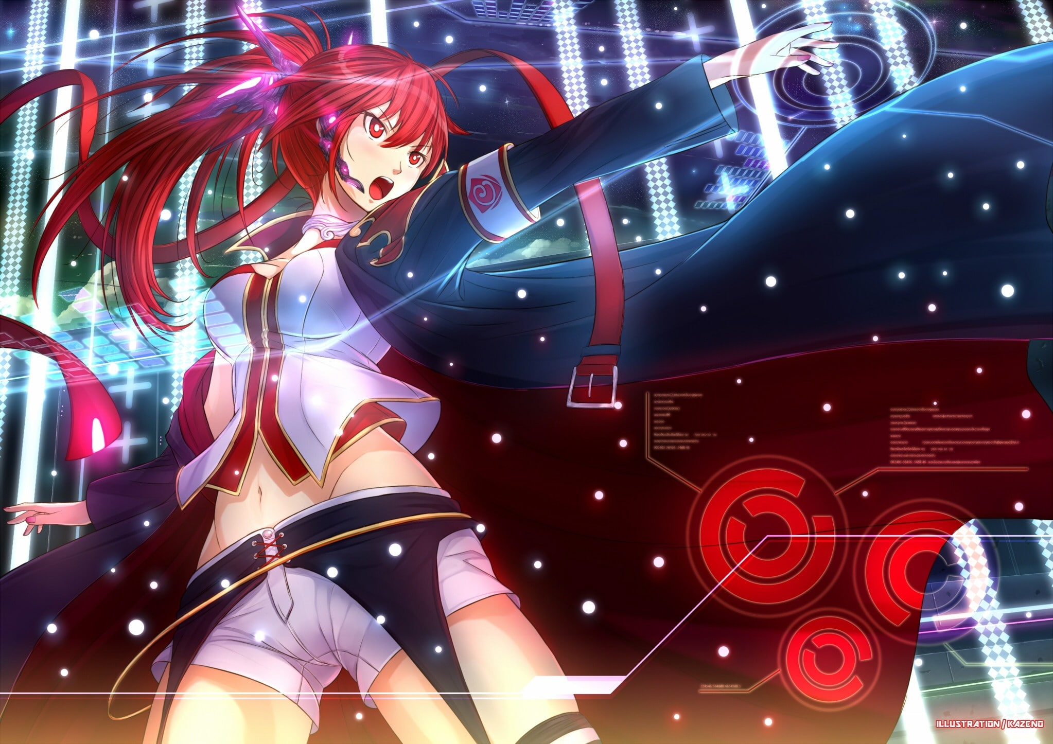 hd, anime, art, redheads, vocaloid, highs, text, hot, cleavage, navel, hair, eyes, belts, thigh, garter, snow, red, 1080P, headset, long, HD Wallpaper