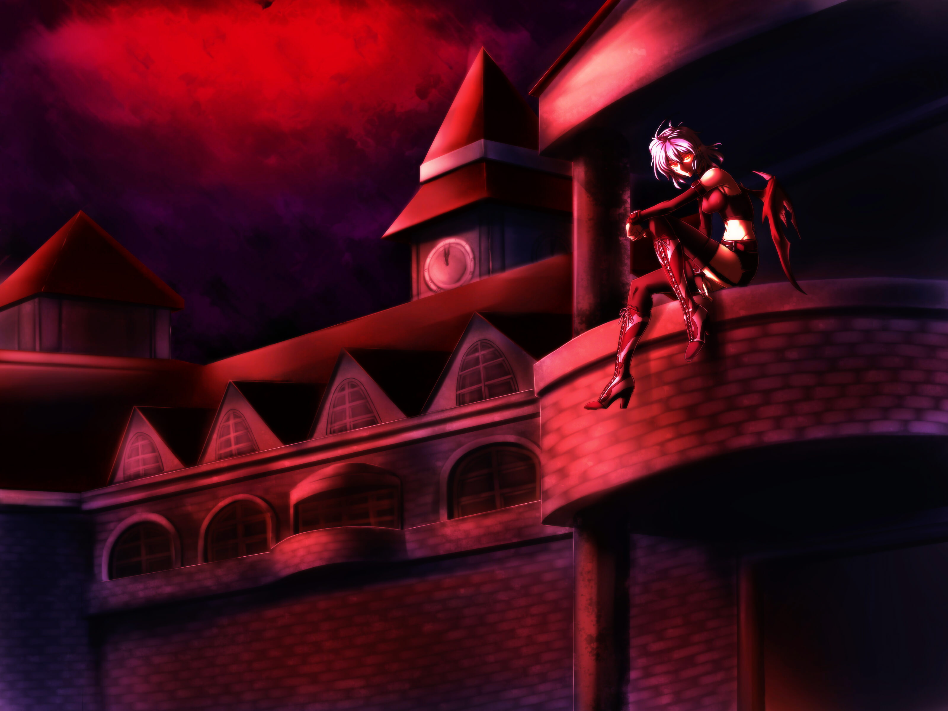 eyes, wings, belt, vampire, 2K, touhou, boots, night, sorono, thighhighs, red, remilia, soro, garter, scarlet, HD Wallpaper