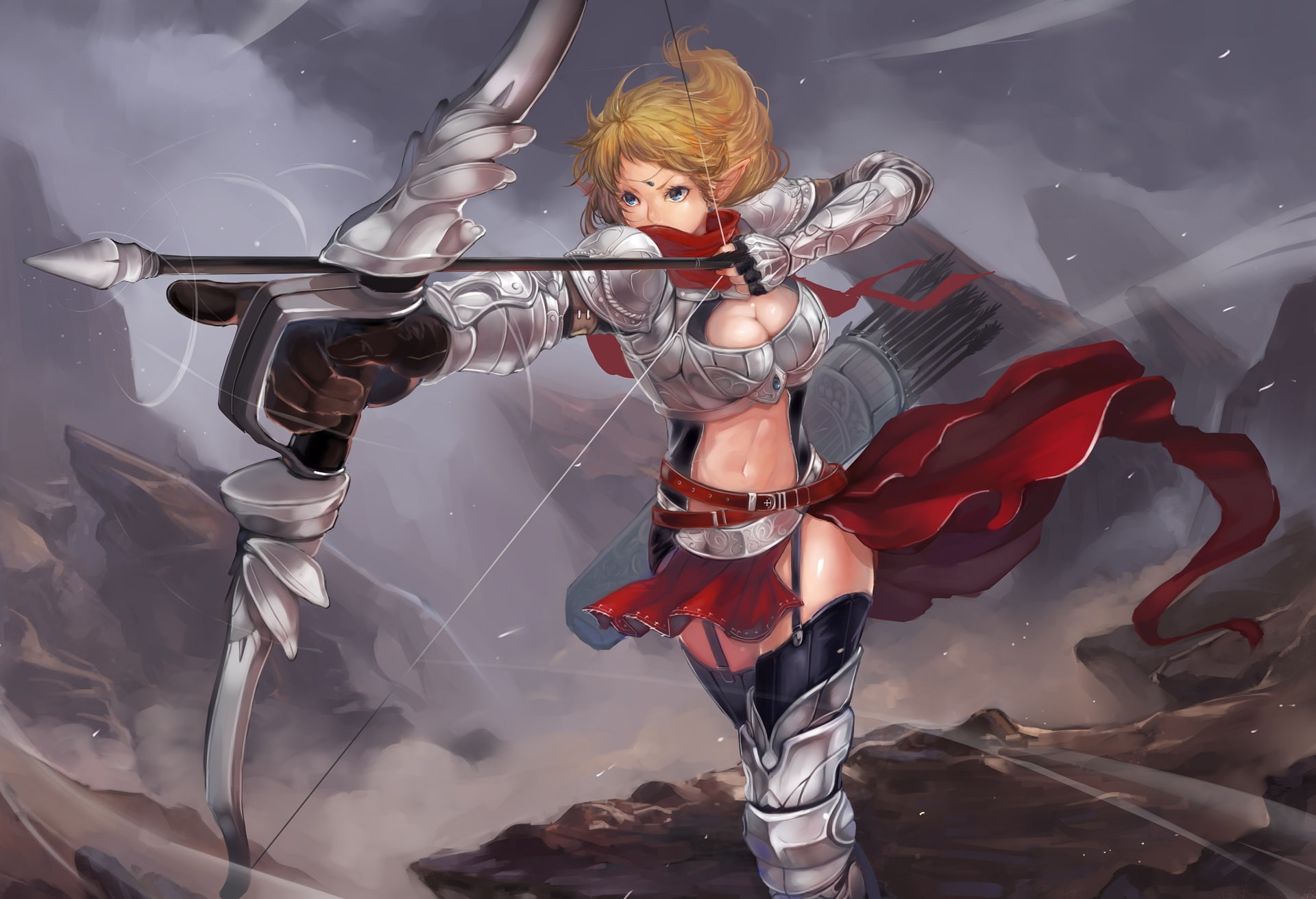 blonde, bow, short, original, scarf, pointed, cleavage, belt, blue, garter, sola7764, weapon, hair, 1080P, eyes, ears, armor, gloves, HD Wallpaper
