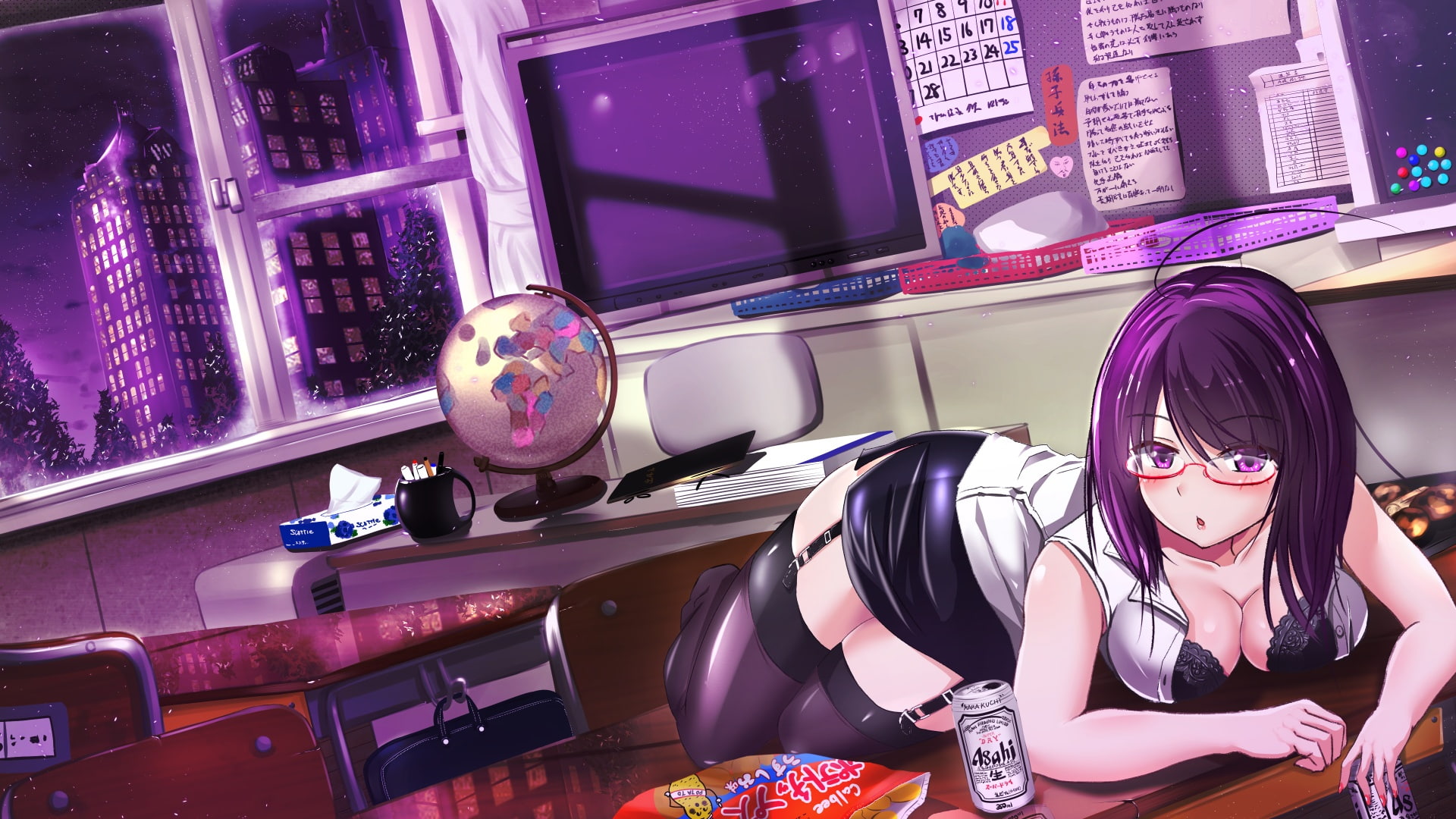 cleavage, city, underwear, belt, breasts, food, bra, skirt, tree, purple, eyes, drink, scenic, original, glasses, reflection, blush, com, 1080P, short, HD Wallpaper