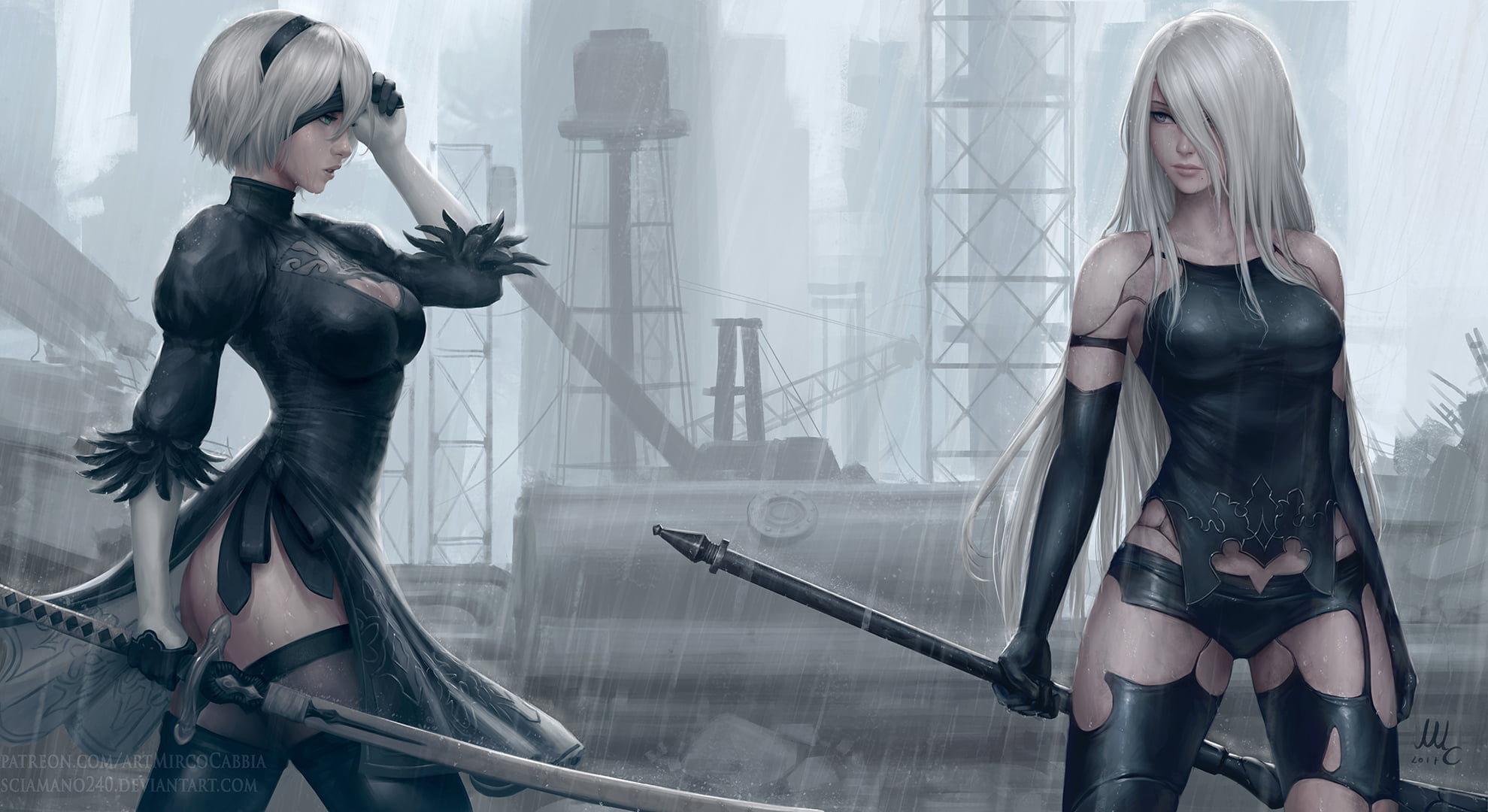 young adult, character, 2B, clothing, 2B (Nier: Automata), beautiful, fashion model, sensuality, blond Hair, garter Belt, rain, adult, lingerie, NieR, beauty, HD Wallpaper
