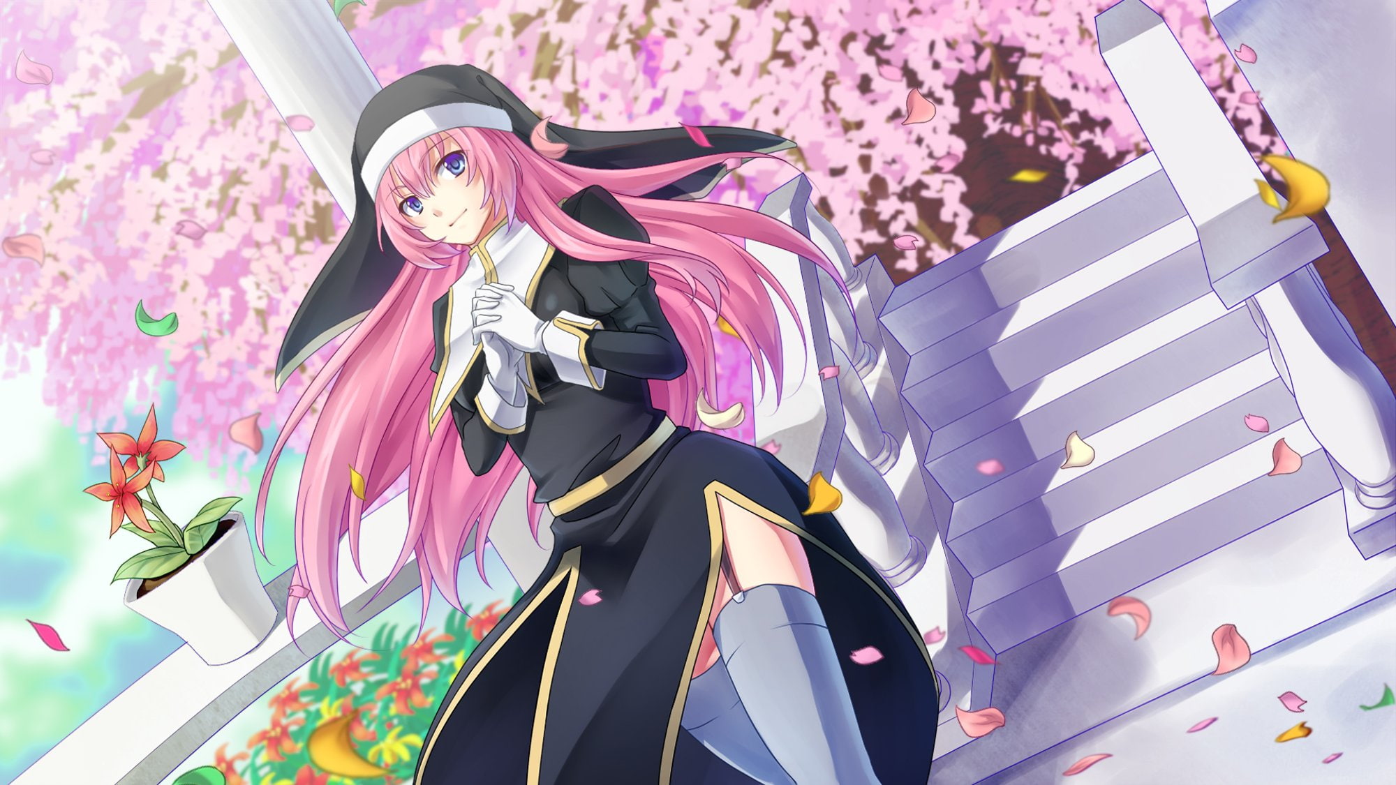 blossoms, belt, pink, petals, cherry, eyes, vocaloid, thighhighs, stockings, luka, hair, megurine, flowers, usagi, long, asa, blue, nun, 1080P, garter, HD Wallpaper