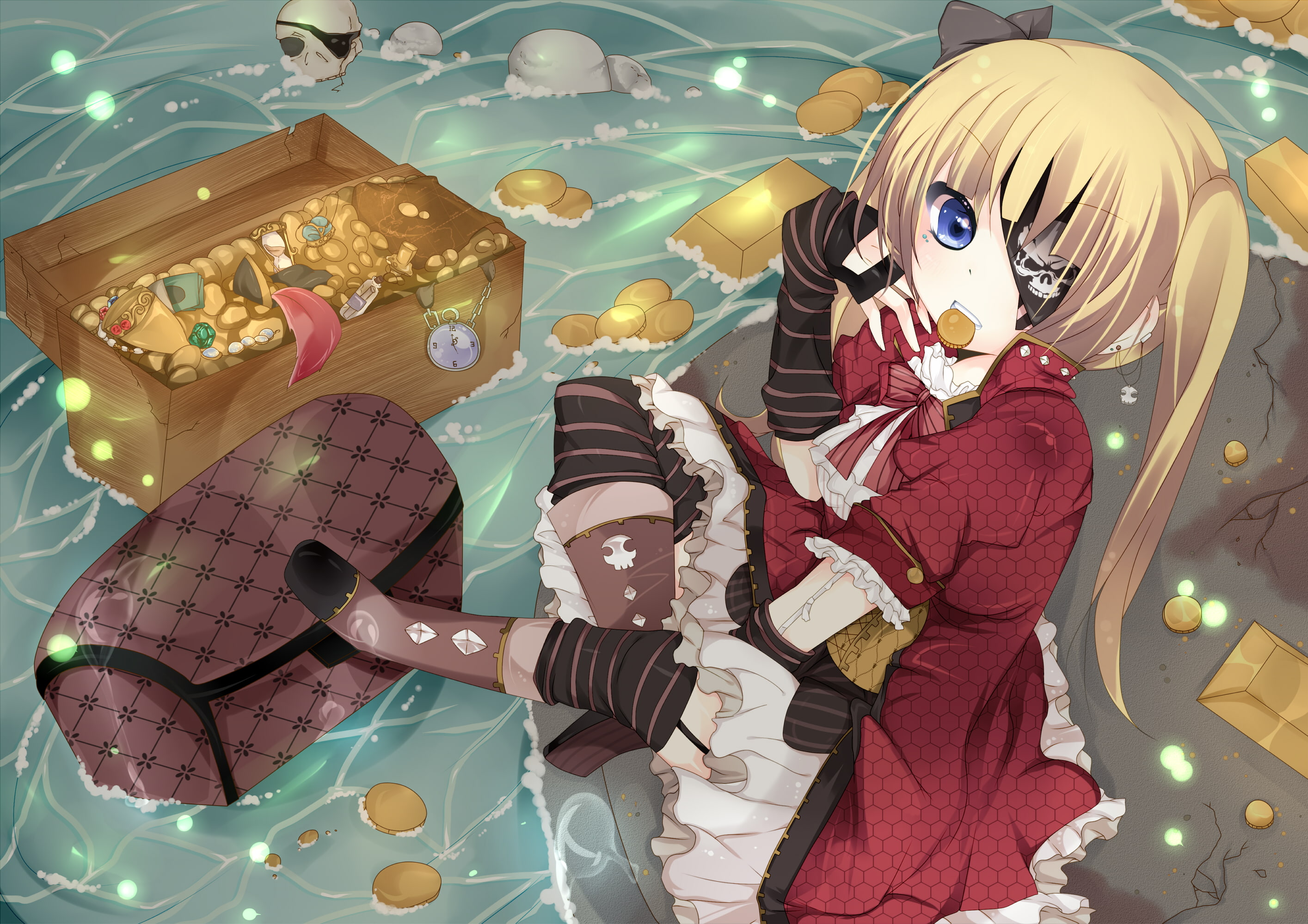 blue, 2K, boots, garter, original, hair, twintails, eyepatch, skull, gloves, belt, blonde, eyes, sakuragi, pirate, yuzuki, water, HD Wallpaper