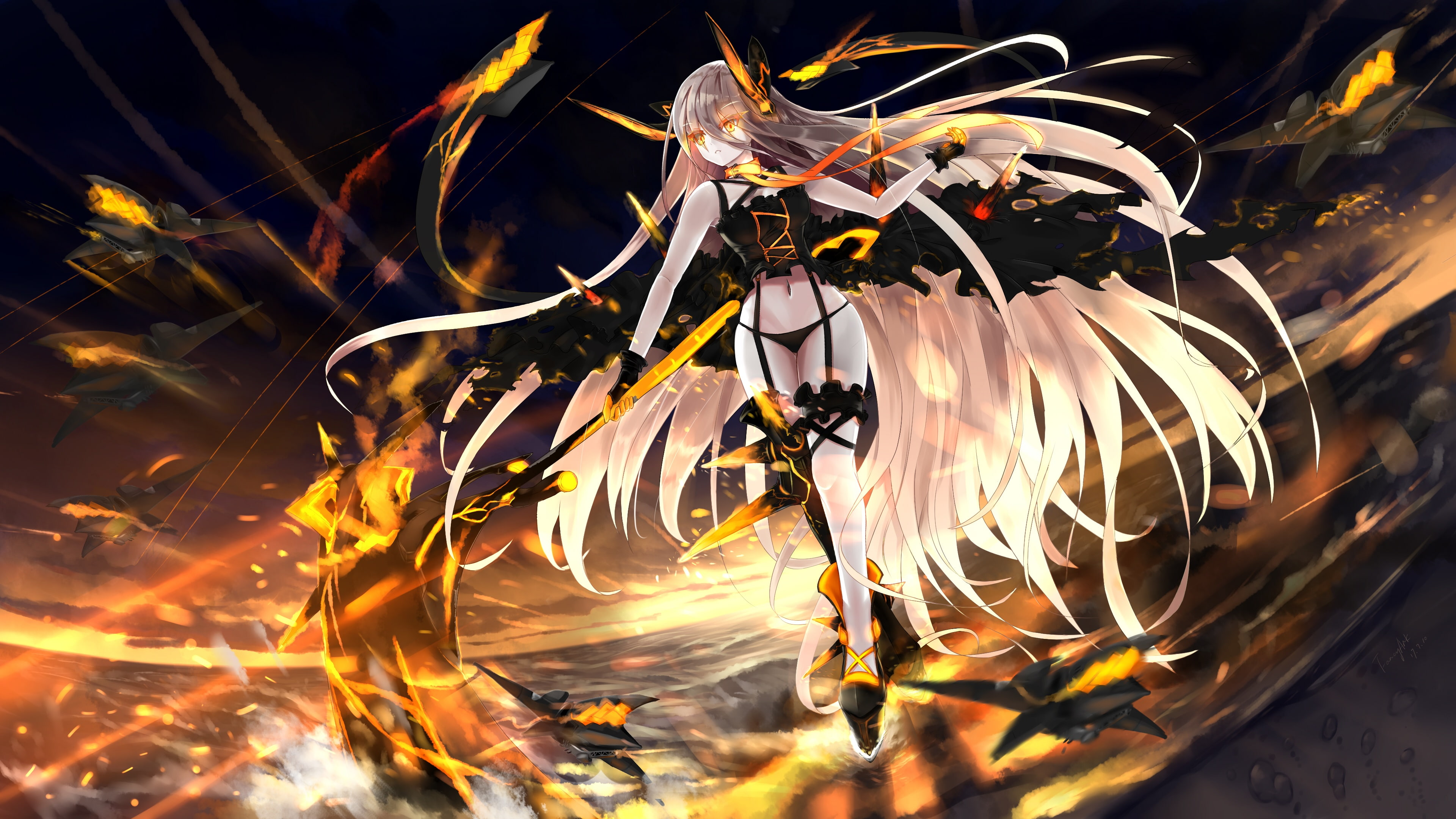 long, garter, gray, original, com, yellow, weapon, fancyark, belt, eyes, gloves, panties, hair, breasts, underwear, 246459, navel, 4K, konachan, thighhighs, HD Wallpaper