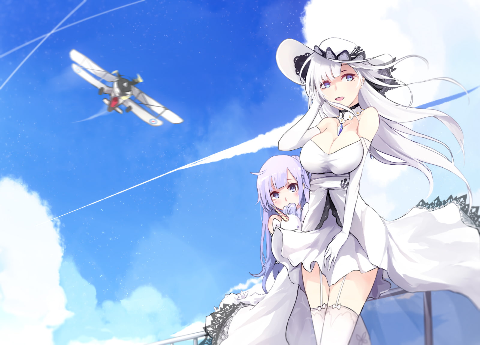 belt, cleavage, hair, com, lane, thighhighs, long, feiyu, elbow, aqua, azur, white, sky, clouds, breasts, konachan, eyes, 2girls, 252671, aircraft, hat, HD Wallpaper