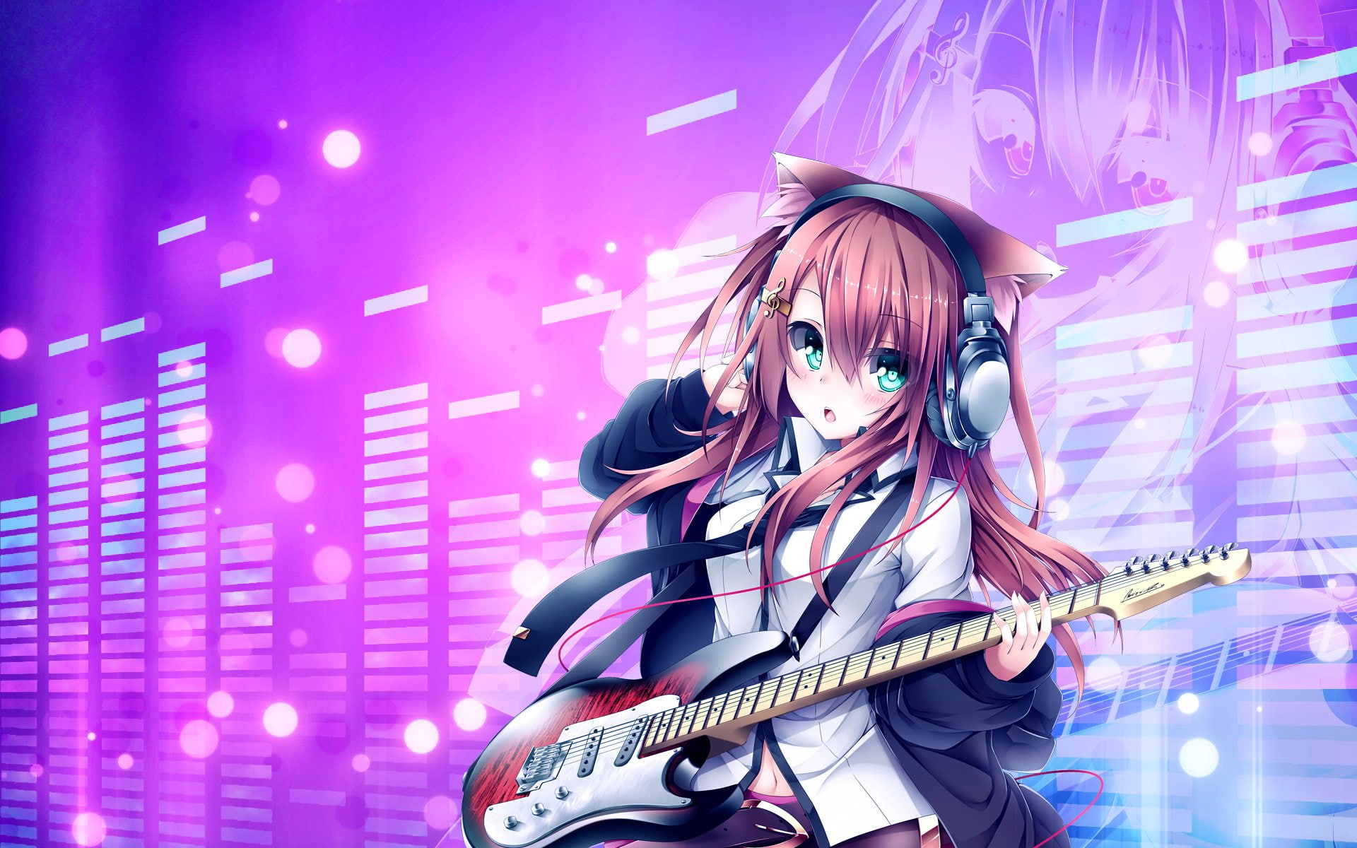 photoshop, 1080P, instrument, guitar, long, headphones, animal, navel, neko, eyes, brown, tyaba, tie, catgirl, ears, original, layer, skirt, seifuku, aqua, HD Wallpaper
