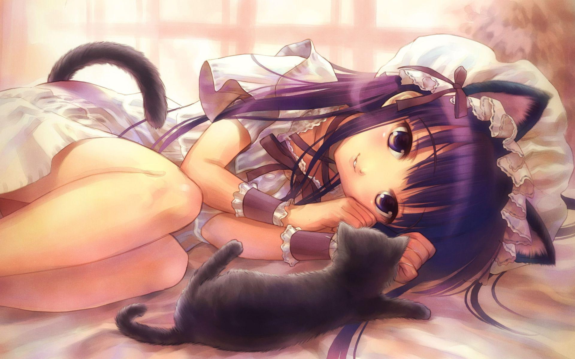 ears, character, anime, 1080P, 1920x1200, bed, tail, cat, catgirl, woman, female, HD Wallpaper