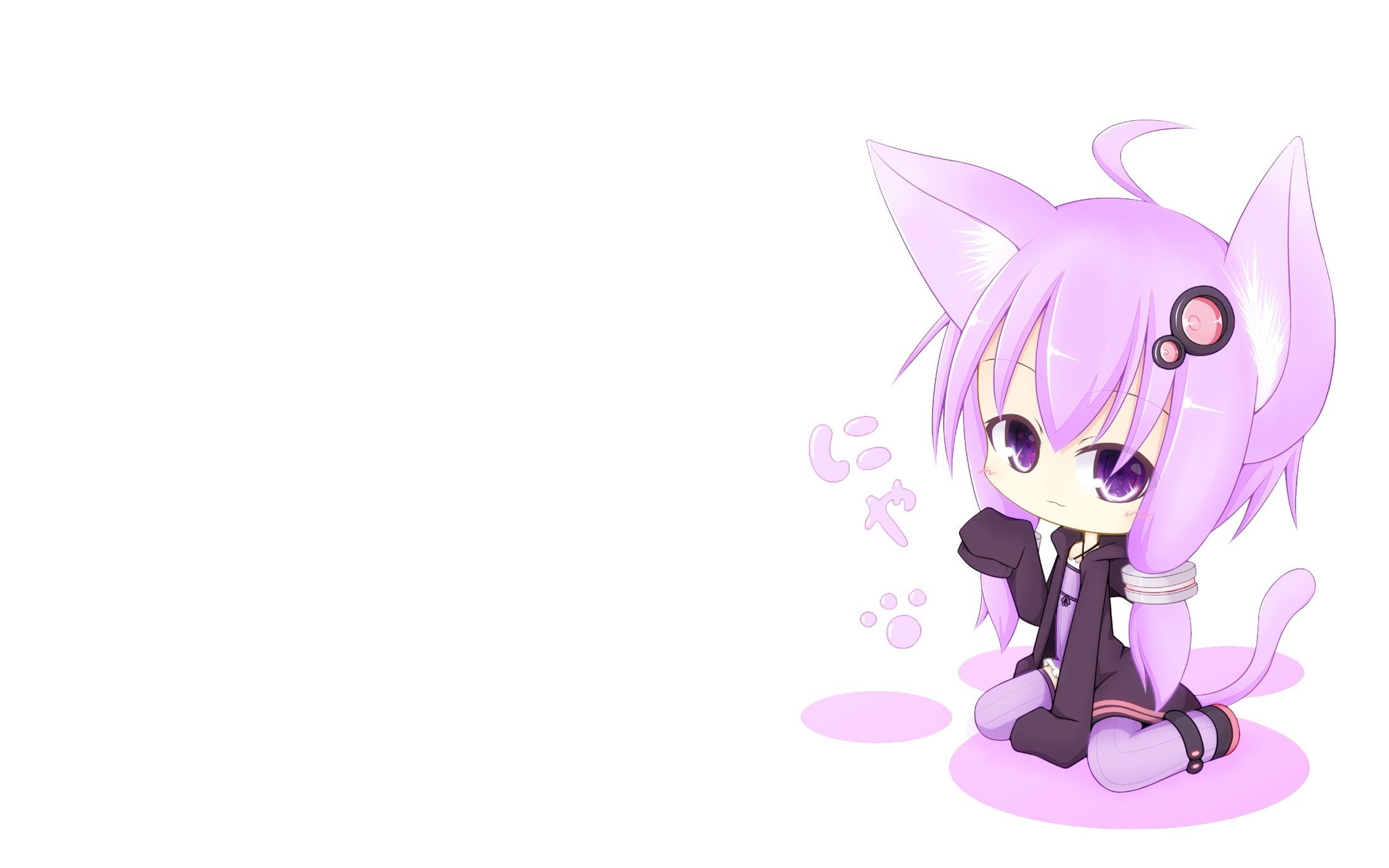 eyes, yuzuki, ears, kuroi, animal, purple, vocaloid, tail, miiya, 1080P, hair, yukari, catgirl, hako, white, chibi, HD Wallpaper