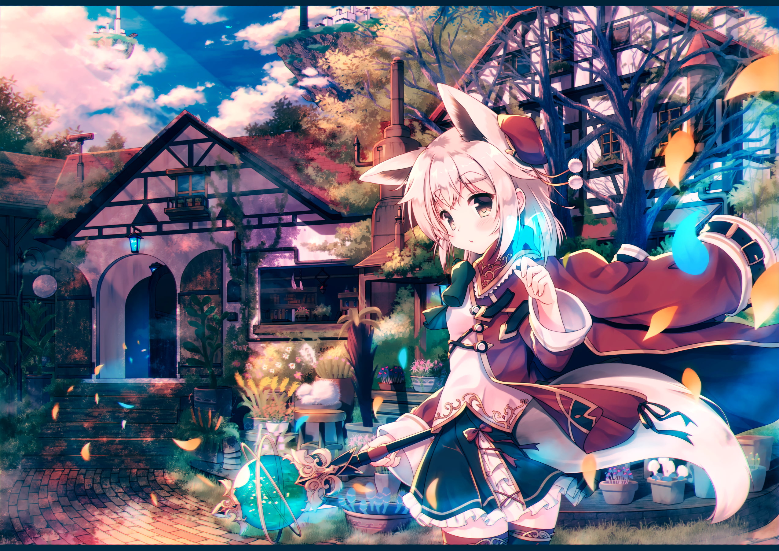 no people, 1080P, anime, creativity, skirt, original characters, brown eyes, tree, gray hair, female likeness, built structure, art and craft, plant, animal ears, HD Wallpaper