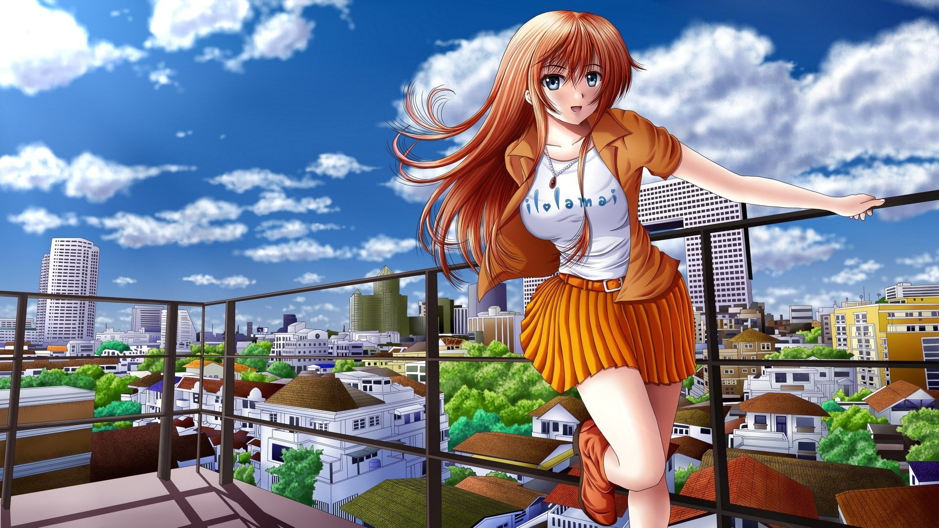 city, skirt, building, long hair, open mouth, brunette, eyes, rooftops, anime, 1080P, original characters, anime girls, HD Wallpaper