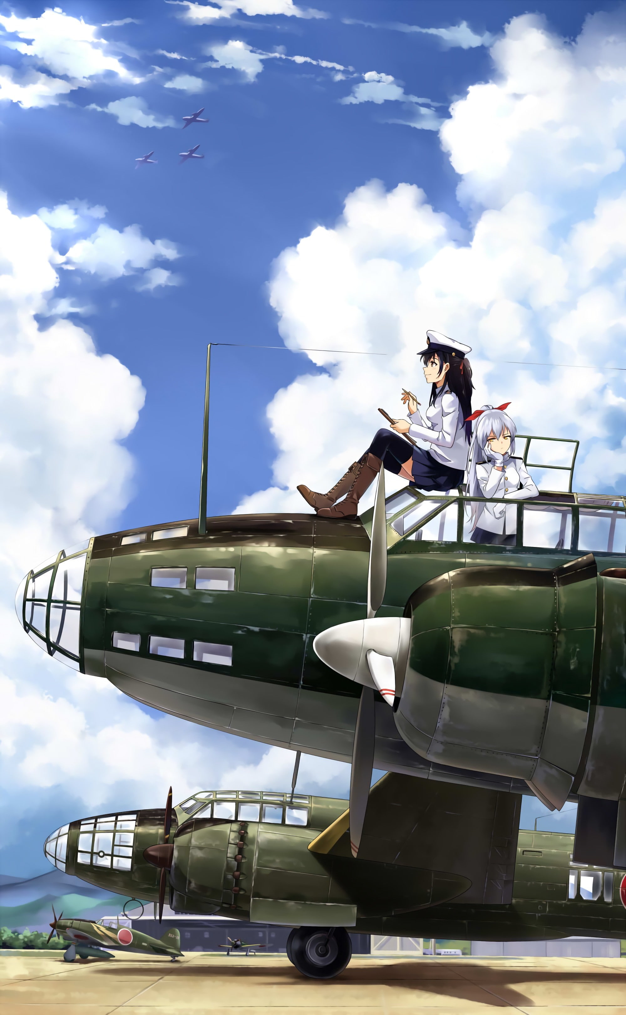 airport, long hair, occupation, aircraft, stockings, Kantai Collection, anime girls, clouds, airport runway, sky, adult, one person, low angle view, outdoors, Phone HD Wallpaper
