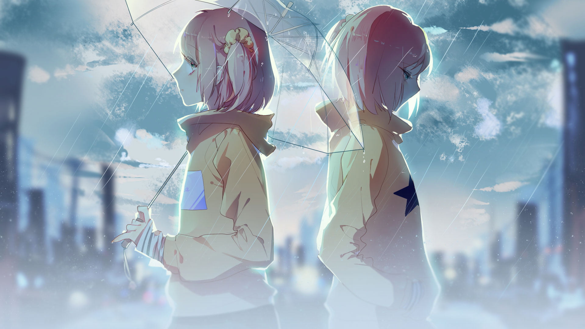technology, protection, pink hair, back to back, day, window, zhibuji loom, women, adult, original characters, reflection, digital composite, city, clouds, HD Wallpaper