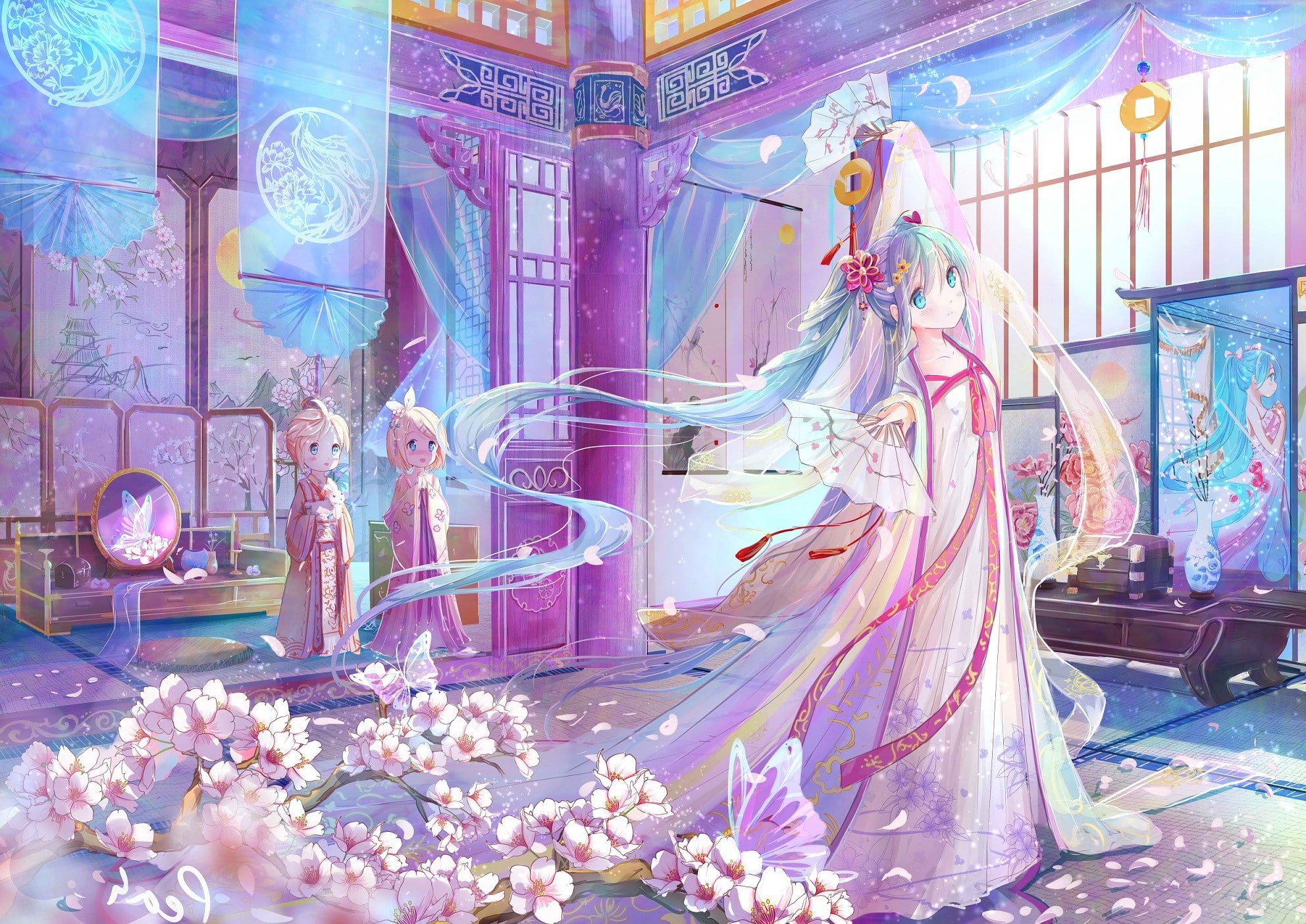 anime girls, twintails, long hair, Hatsune Miku, anime, Vocaloid, 1080P, Kagamine Len, Kagamine Rin, aqua hair, blue eyes, HD Wallpaper