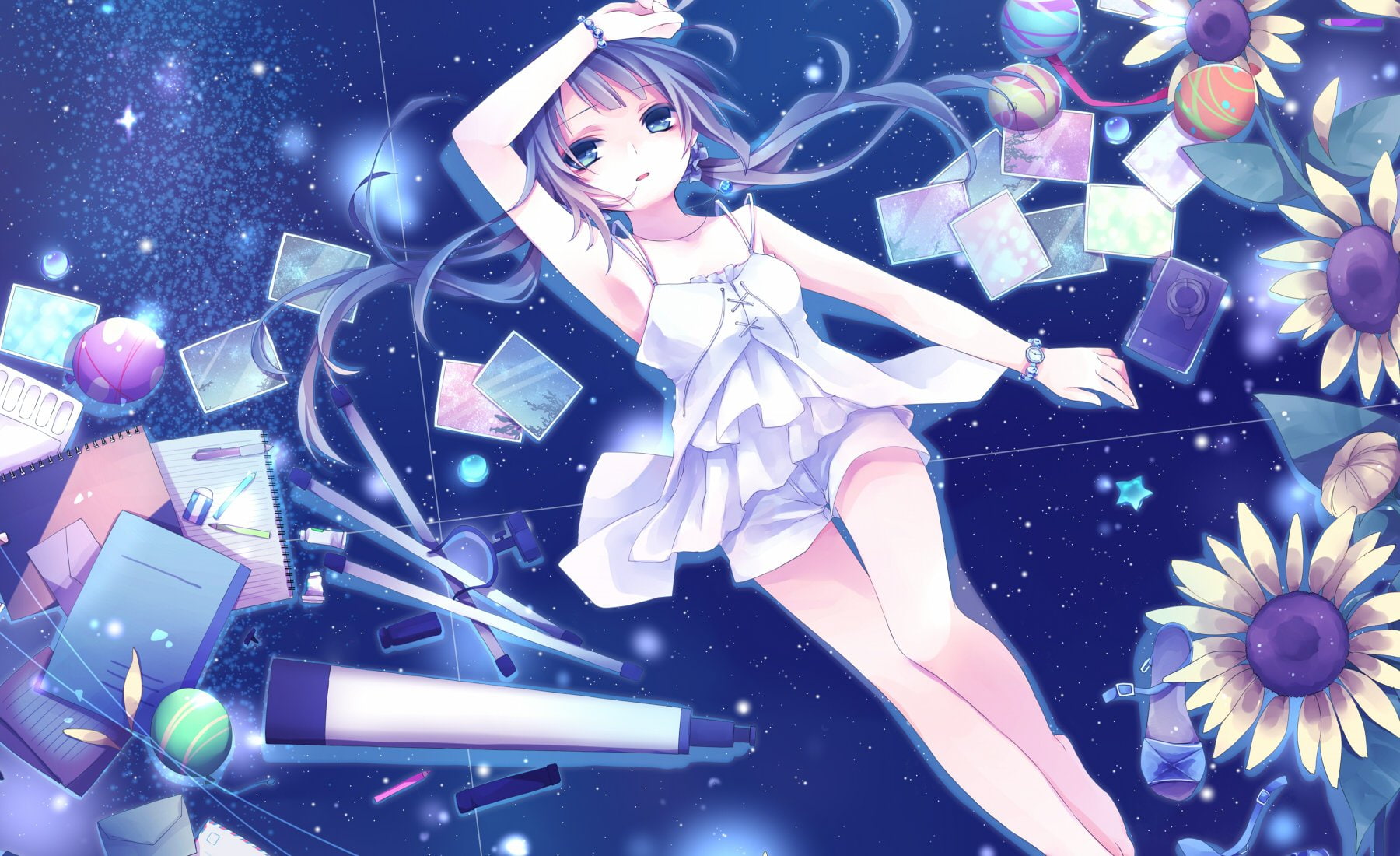 hatsune, camera, wristwear, blue, necklace, vocaloid, (liar-player), miku, 720P, flowers, hair, kuroi, twintails, stars, eyes, shorts, paper, HD Wallpaper