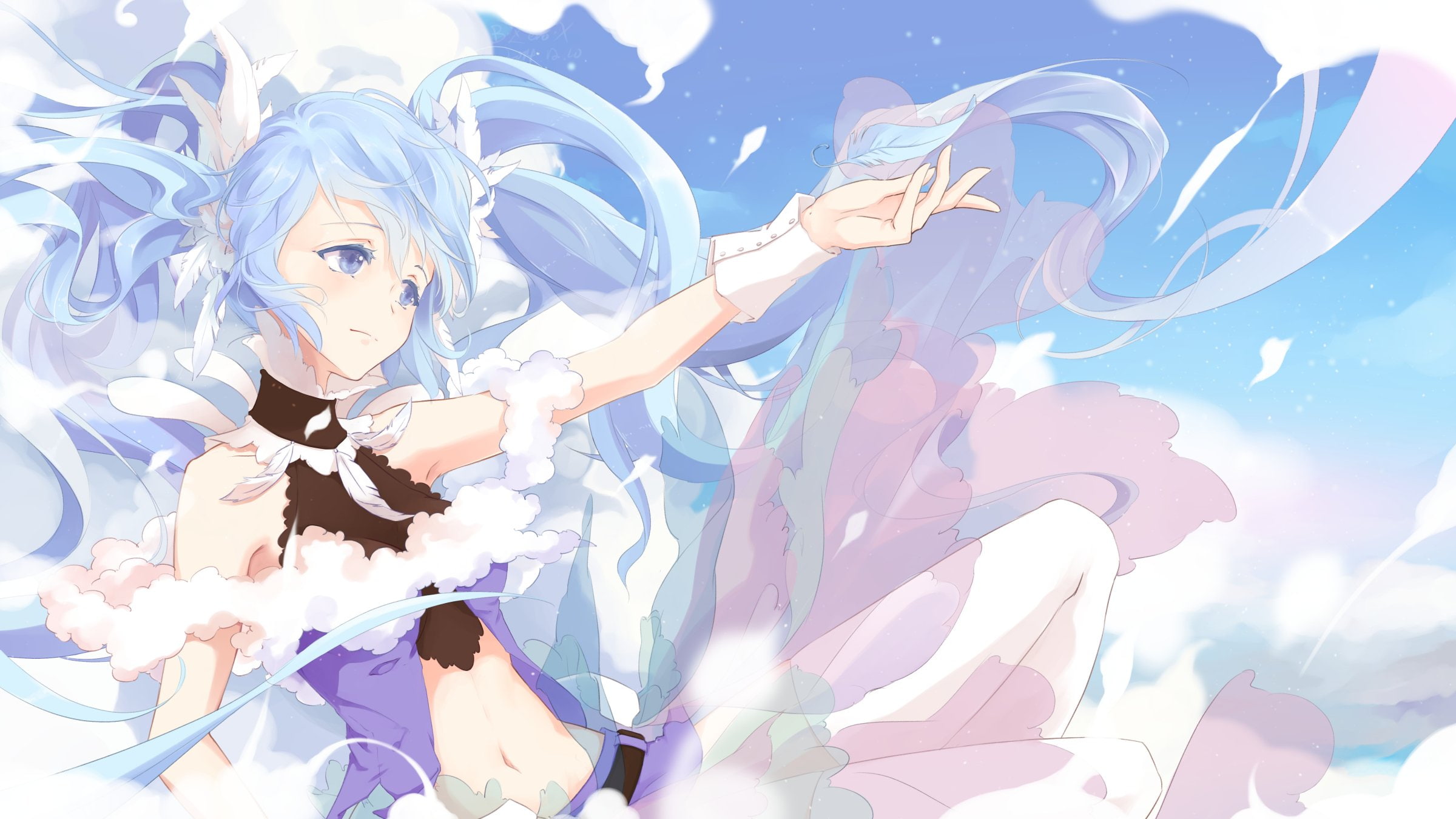 hair, navel, vocaloid, 1080P, eyes, bzerox, miku, twintails, wristwear, aqua, signed, feathers, long, hatsune, choker, HD Wallpaper