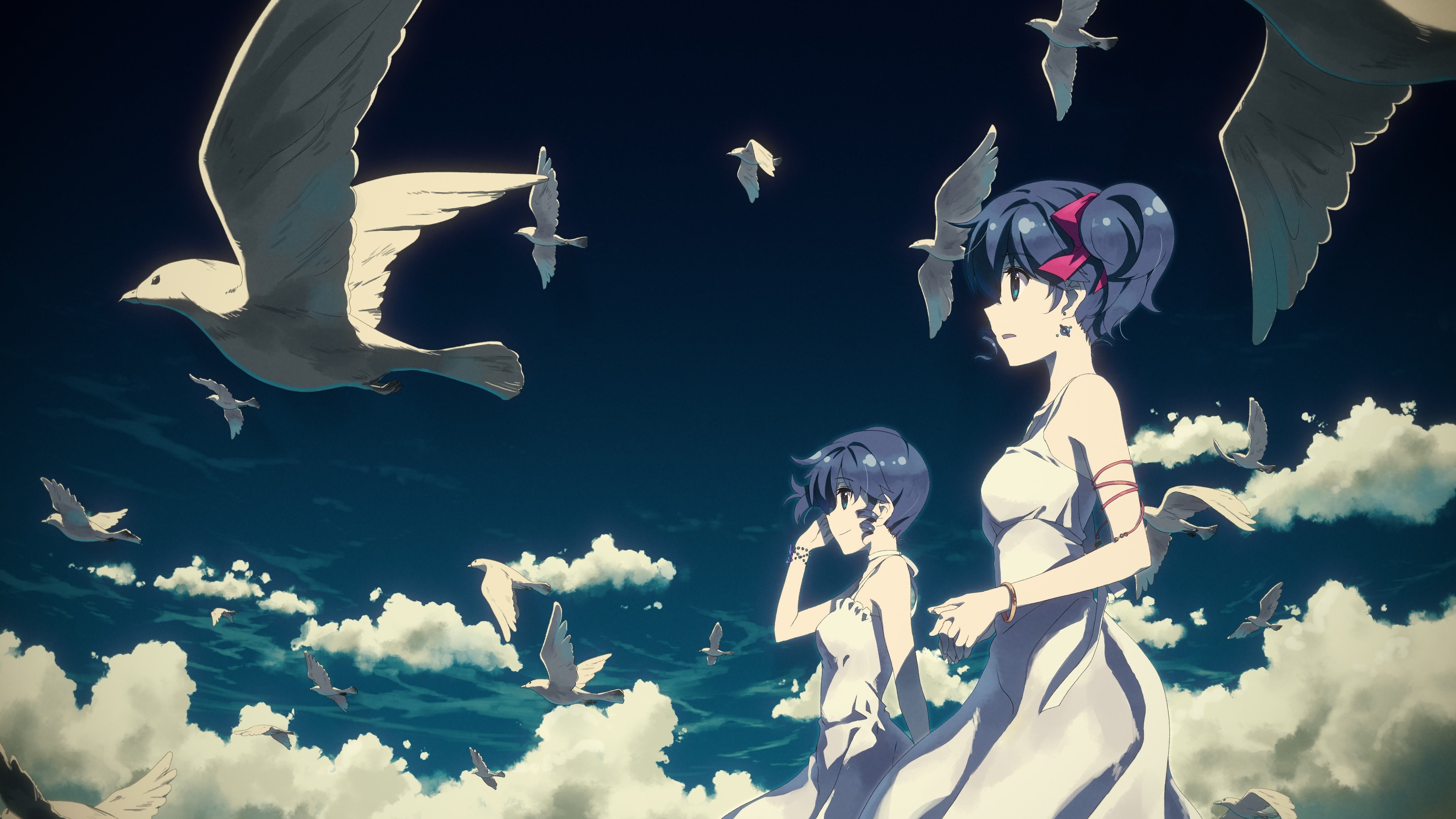 made, blue, hair, wristwear, dress, max, seha, yuuki, ribbons, klatt, 4K, girls, tatsuya, twins, star, lady, nina, clouds, bird, animal, ponytail, HD Wallpaper