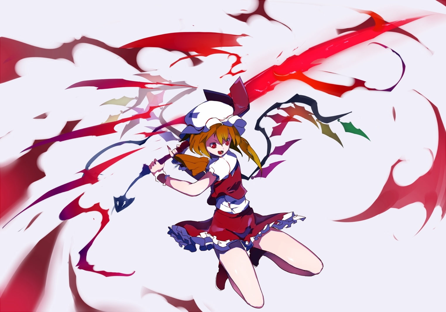 scarlet, ikurauni, wings, red, flandre, 720P, skirt, wristwear, konachan, vampire, eyes, com, sword, weapon, orange, touhou, hat, hair, 248467, HD Wallpaper