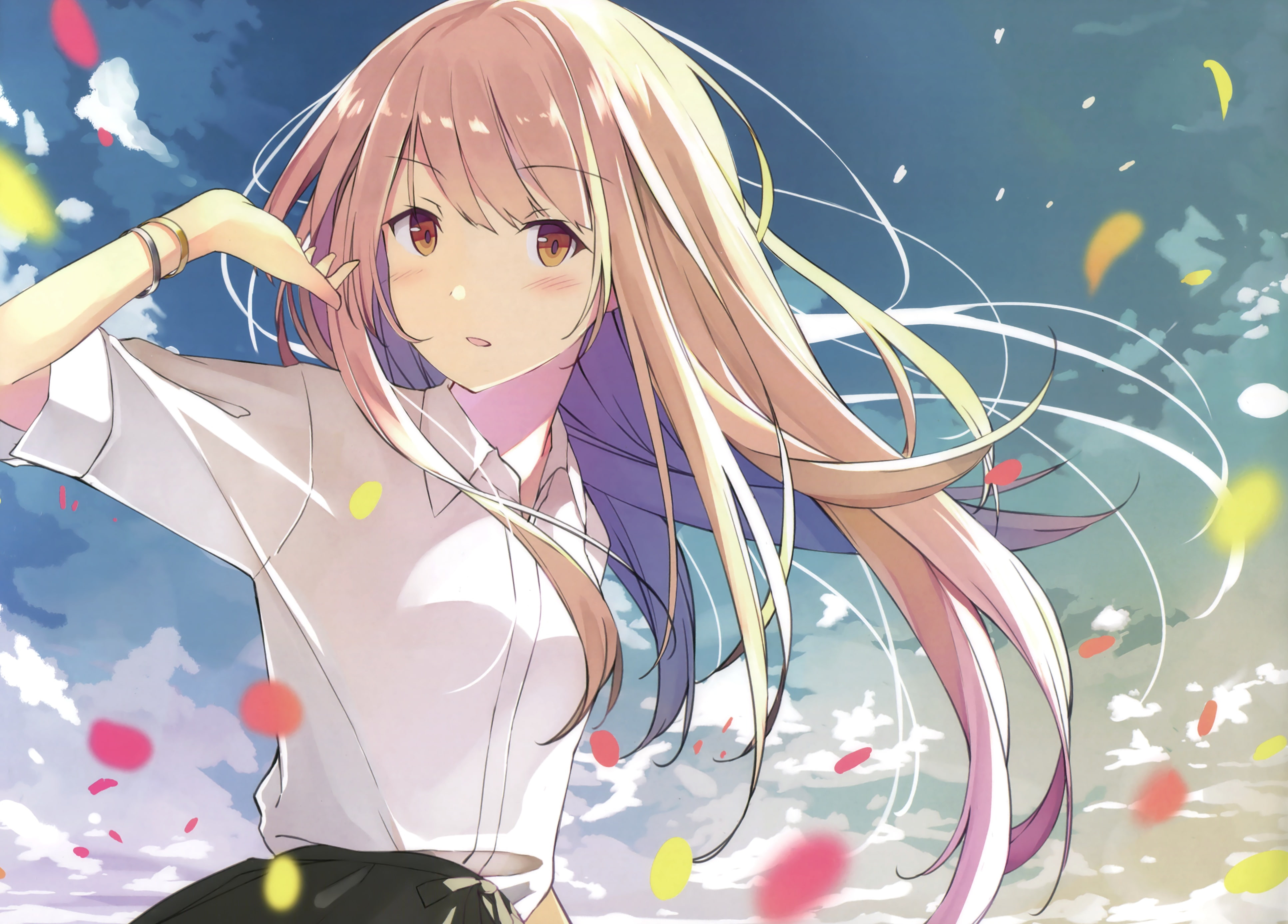 blonde, wristwear, 260027, (artist), konachan, 4K, blush, hair, com, eyes, scan, brown, sky, skirt, seifuku, long, tagme, clouds, original, HD Wallpaper