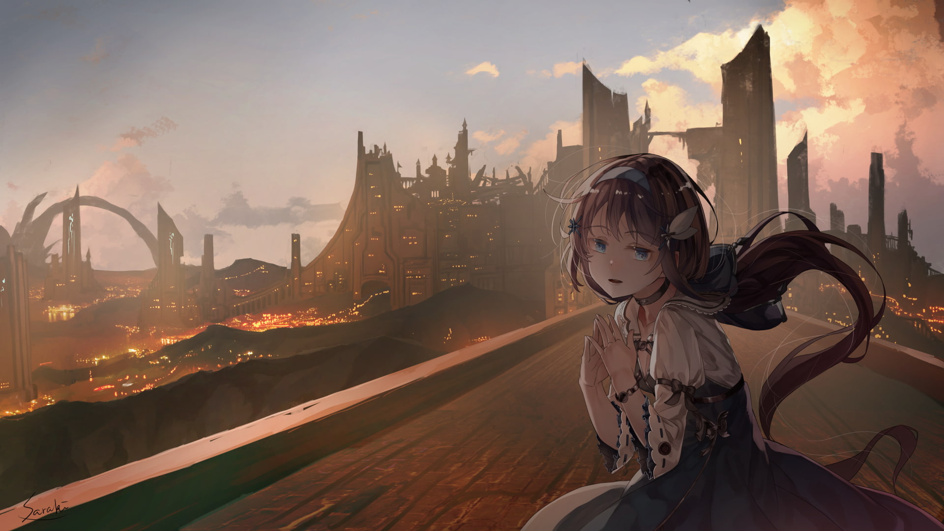 signed, dress, choker, konachan, 260739, lolita, aqua, eyes, com, sunset, original, saraki, scenic, 1080P, city, wristwear, building, sky, long, fashion, HD Wallpaper