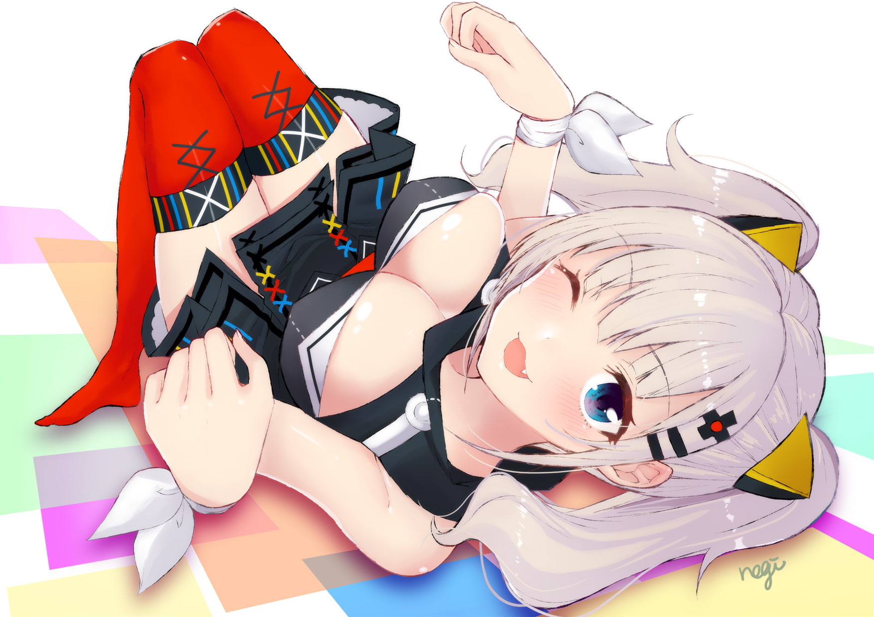 (character), 720P, twintails, com, luna, wristwear, 258220, cleavage, konachan, wink, blue, kaguya, aonegi, white, hair, eyes, thighhighs, breasts, HD Wallpaper