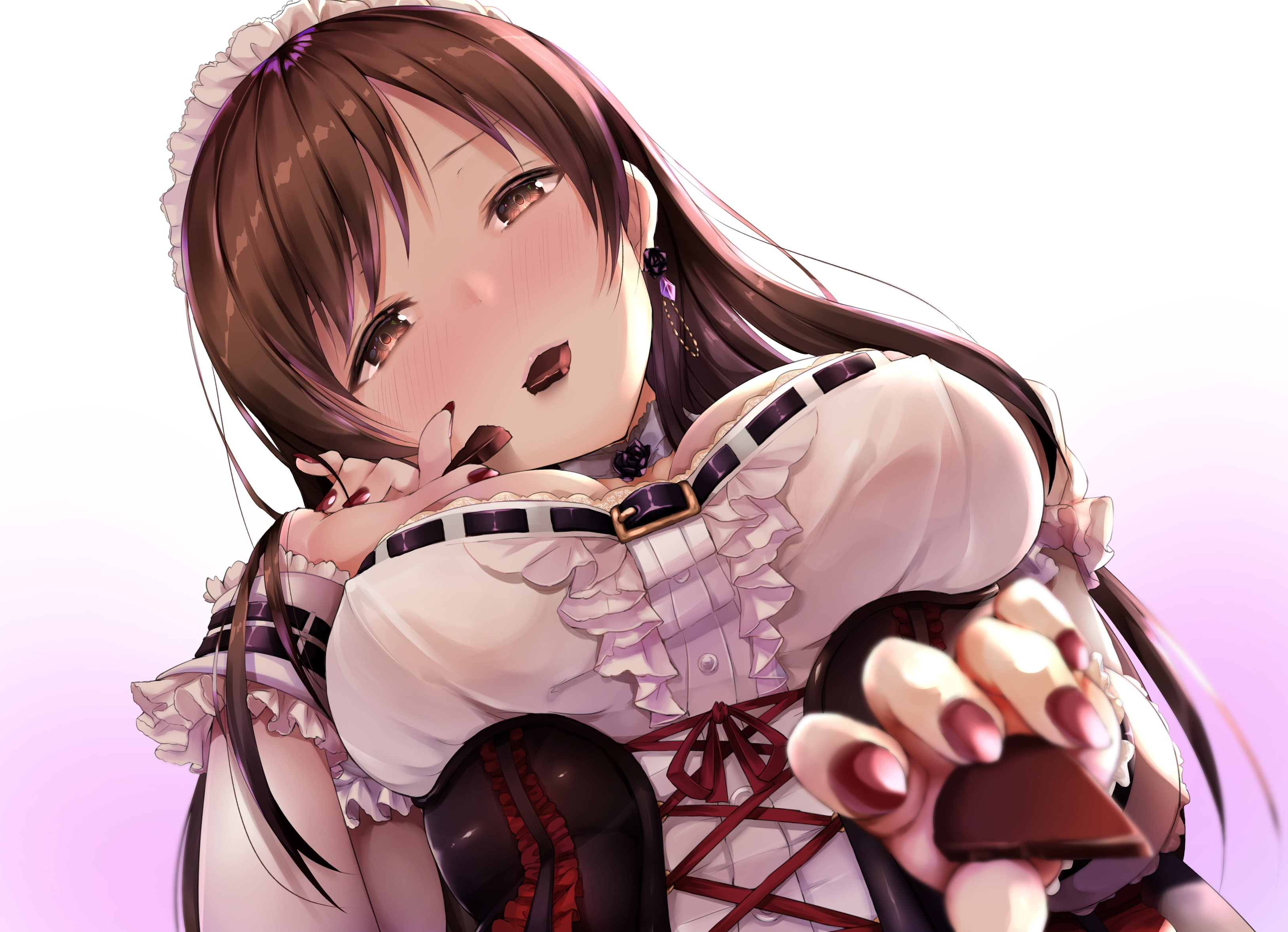 long, idolmaster, brown, nitta, valentine, blush, wristwear, fay, headdress, maid, gradient, eyes, close, minami, chocolate, breasts, hair, corset, 2K, HD Wallpaper