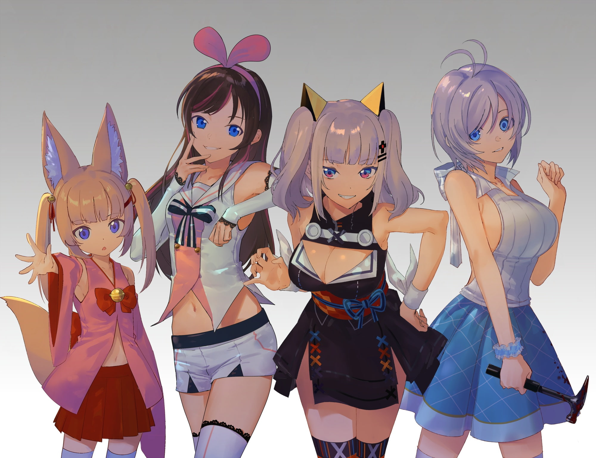 1080P, blood, kizuna, breasts, group, dress, konachan, 262258, animal, loli, luna, twintails, wristwear, navel, urata, thighhighs, weapon, ears, cleavage, HD Wallpaper