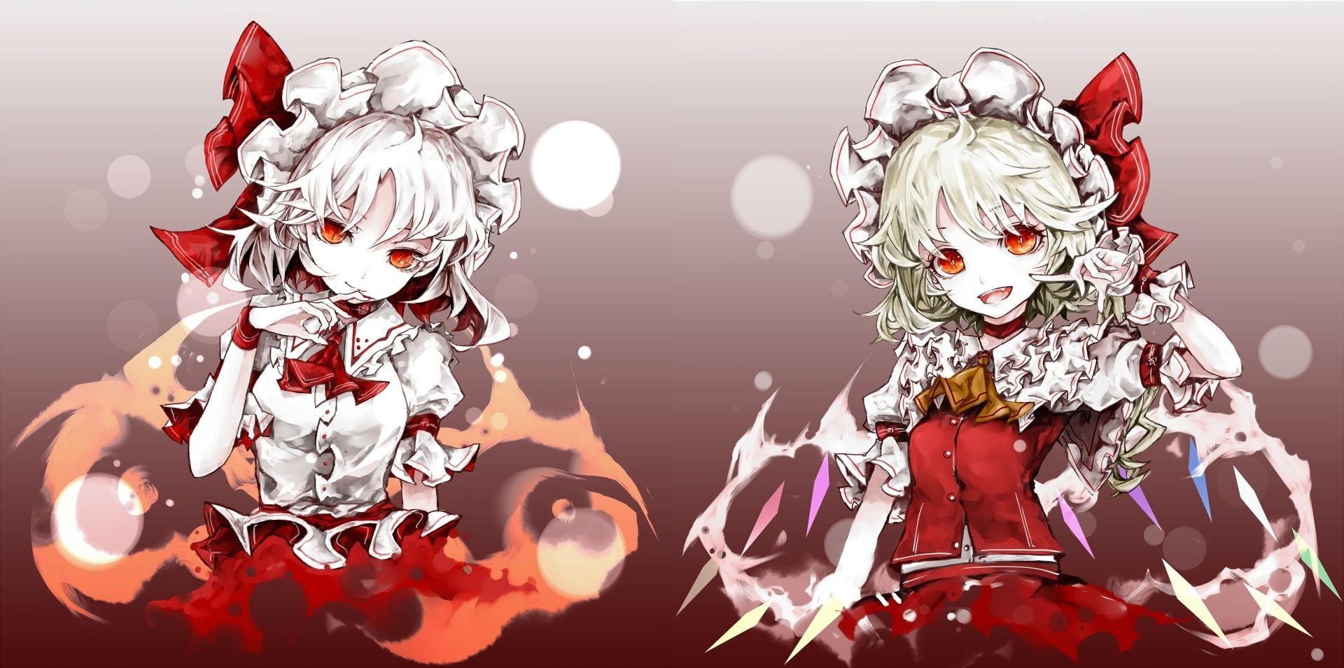 com, vampire, 248073, yutapon, scarlet, wings, eyes, remilia, wristwear, gradient, red, short, konachan, polychromatic, flandre, touhou, blood, hat, 1080P, HD Wallpaper