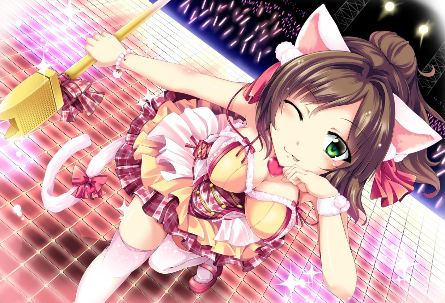 thighhighs, ears, maekawa, animal, eyes, wristwear, miku, green, hair, cleavage, wink, ponytail, tail, microphone, brown, idolmaster, 720P, fujy, breasts, HD Wallpaper