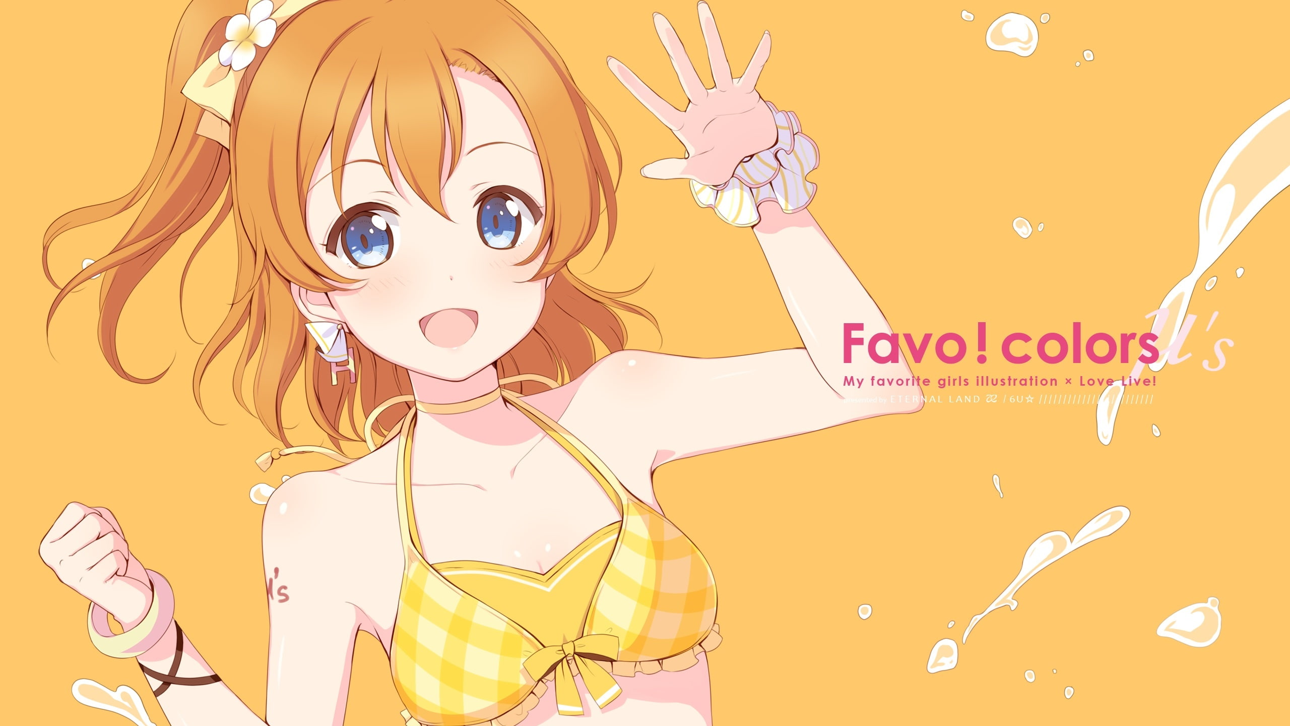 swimsuit, love, short, wristwear, (eternal, blue, idol, land), orange, konachan, school, live!, ponytail, bikini, kousaka, hair, 249106, 2K, eyes, project, HD Wallpaper