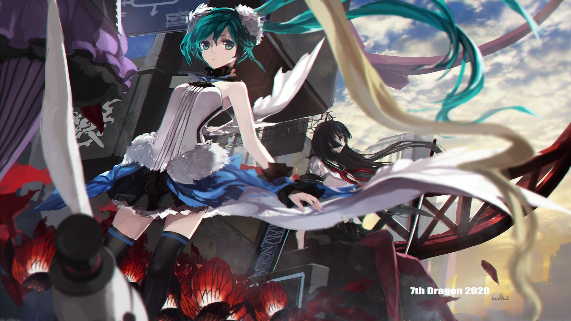 signed, wristwear, seifuku, 720P, twintails, pantyhose, thighhighs, girls, aqua, hatsune, swd3e2, vocaloid, long, eyes, black, hair, skirt, miku, HD Wallpaper