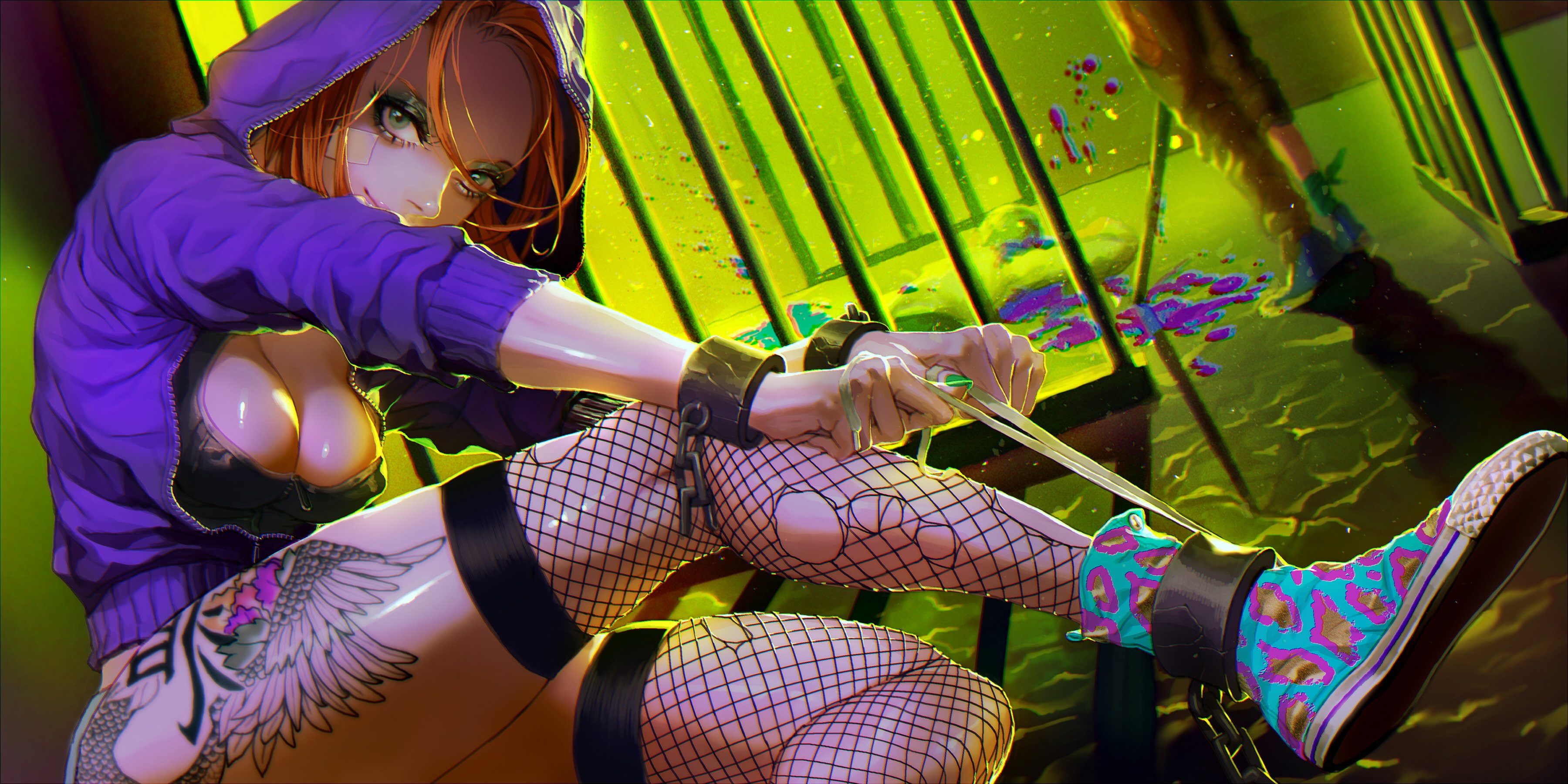 original, wristwear, blood, hair, shackles, torn, stockings, tattoo, weapon, rukiana, breasts, eyes, clothes, brown, cleavage, thighhighs, 2K, green, HD Wallpaper